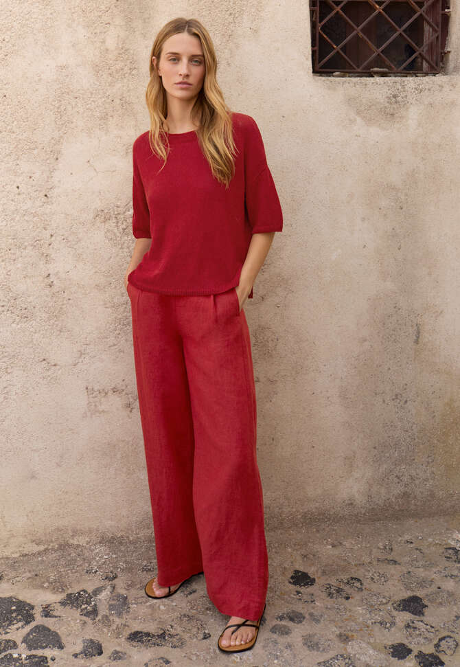 Flat-front trousers, Flame red, completeTheLook