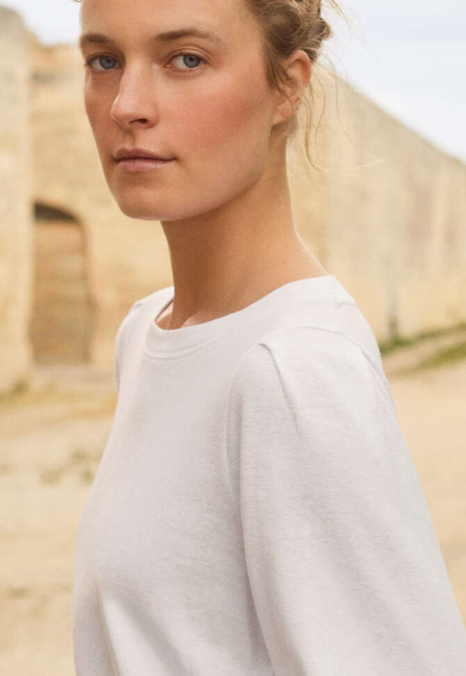 Pleated-sleeve jersey top, White, completeTheLook