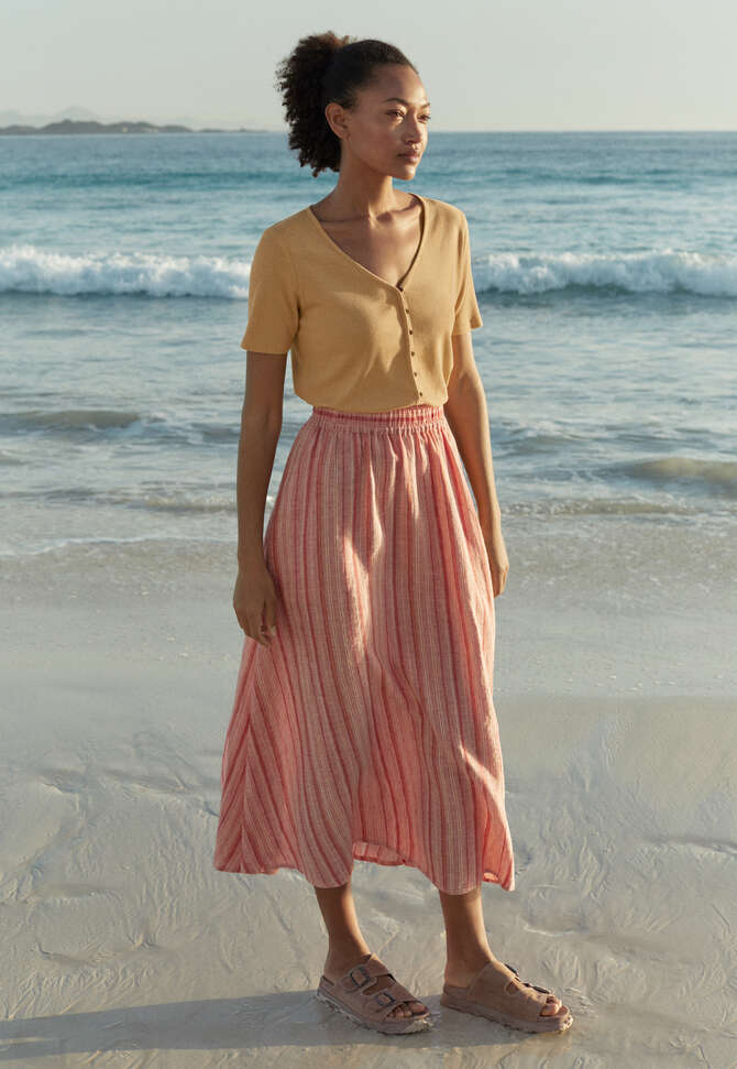 Striped A-line skirt, Terracotta red, completeTheLook