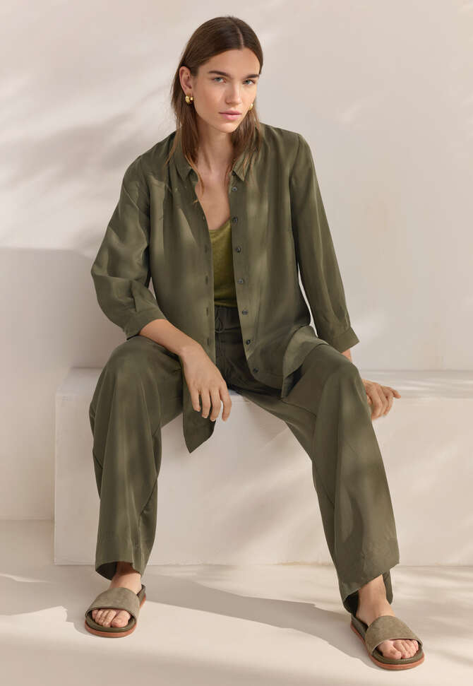 Wide-leg drawstring trousers, Dark khaki, completeTheLook