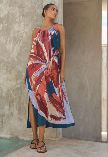 Printed sleeveless dress, Coral petrol, completeTheLook