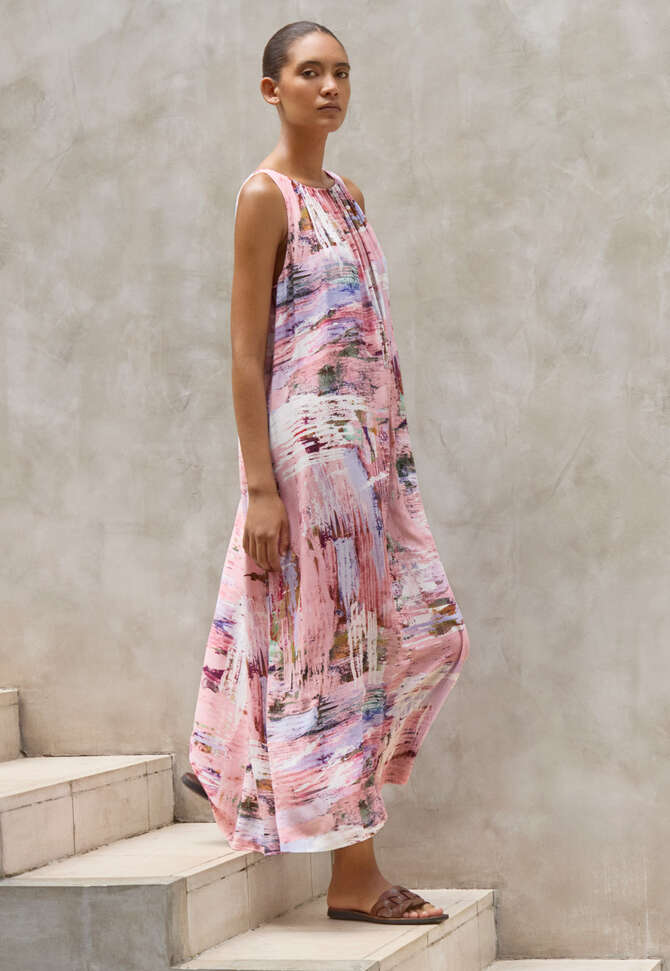 Printed gathered-neck dress, Pink lavender, completeTheLook