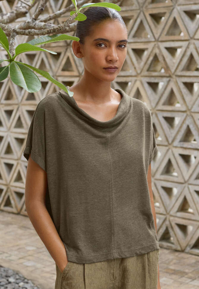 Turned-over neck top, Brown olive, completeTheLook