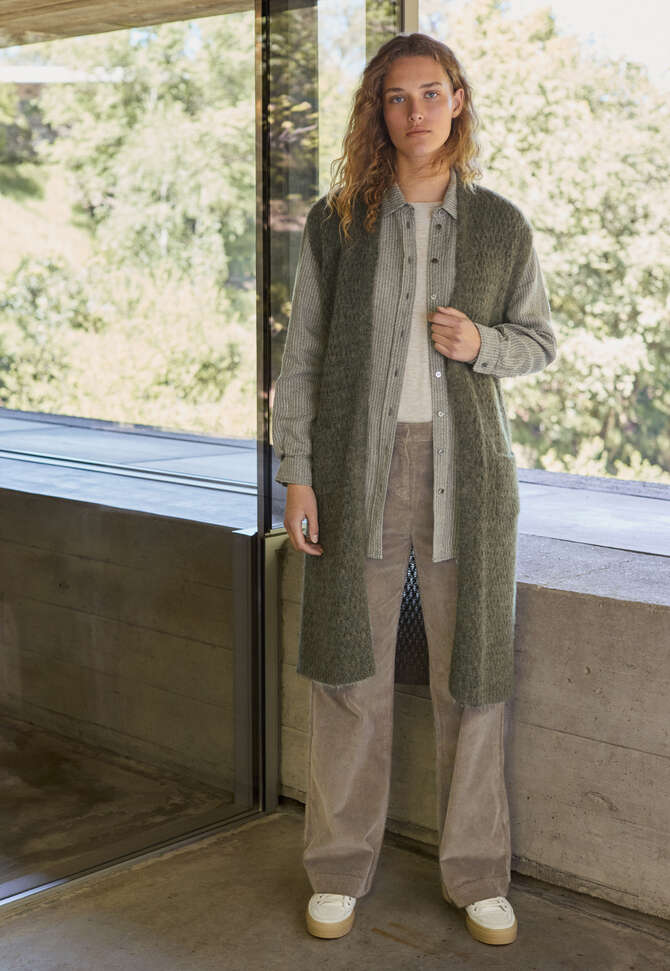Long open-stitch waistcoat, Moss, completeTheLook