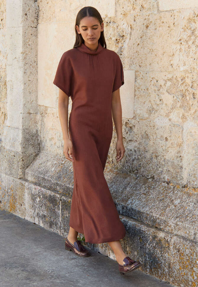 High neck dogtooth dress, Terracotta black, completeTheLook