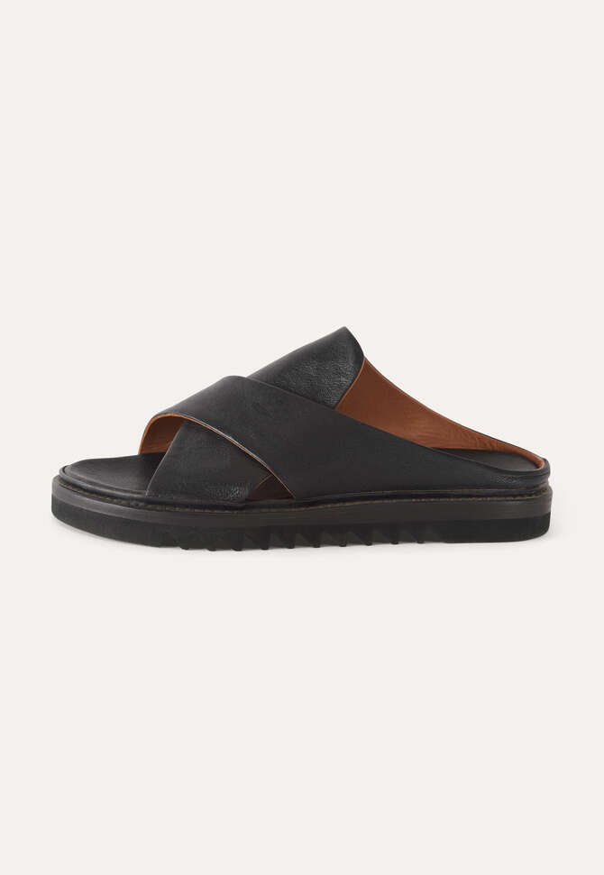 Cross-front sandals, Black leather, completeTheLook