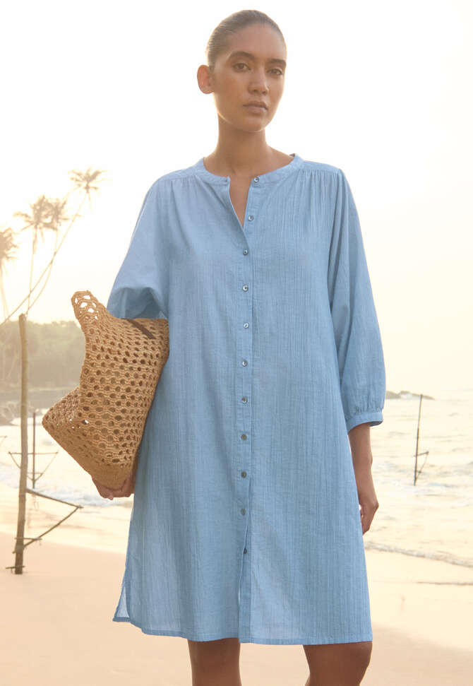 Fine-striped button-through dress, Marine, completeTheLook
