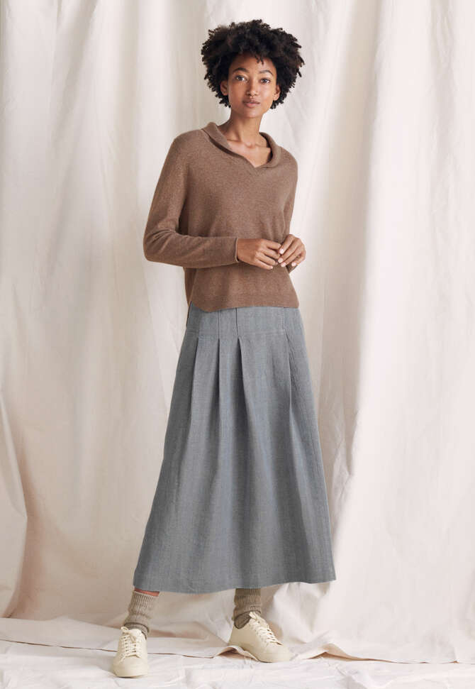 Pleated skirt, Khaki denim, completeTheLook