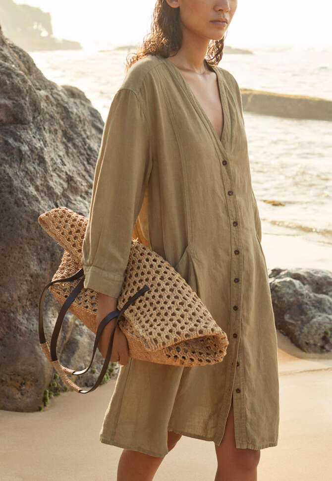 Woven bag with leather handle, Tea, completeTheLook