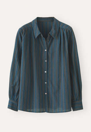 Striped blouse with gathers, Petrol, webstill