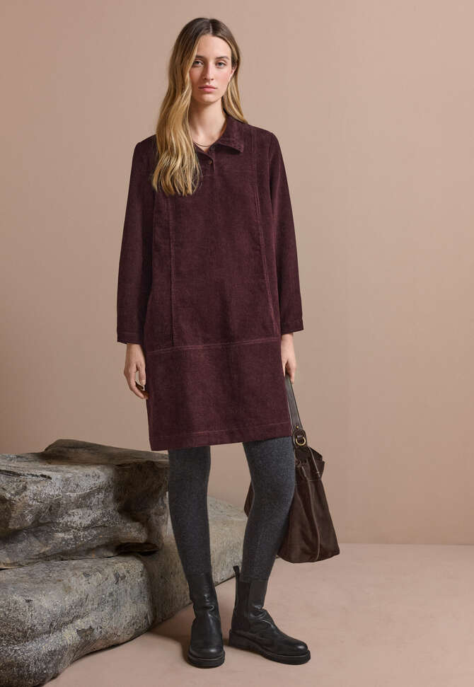 Cord funnel-neck dress, Damson, completeTheLook