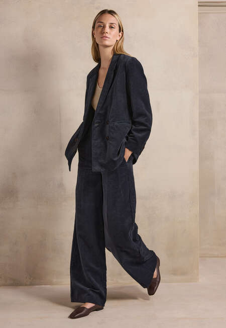 Long double-breasted velvet jacket, Petrol grey, completeTheLook