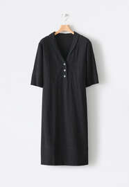 Shawl-collar viscose linen dress, Black, webstill