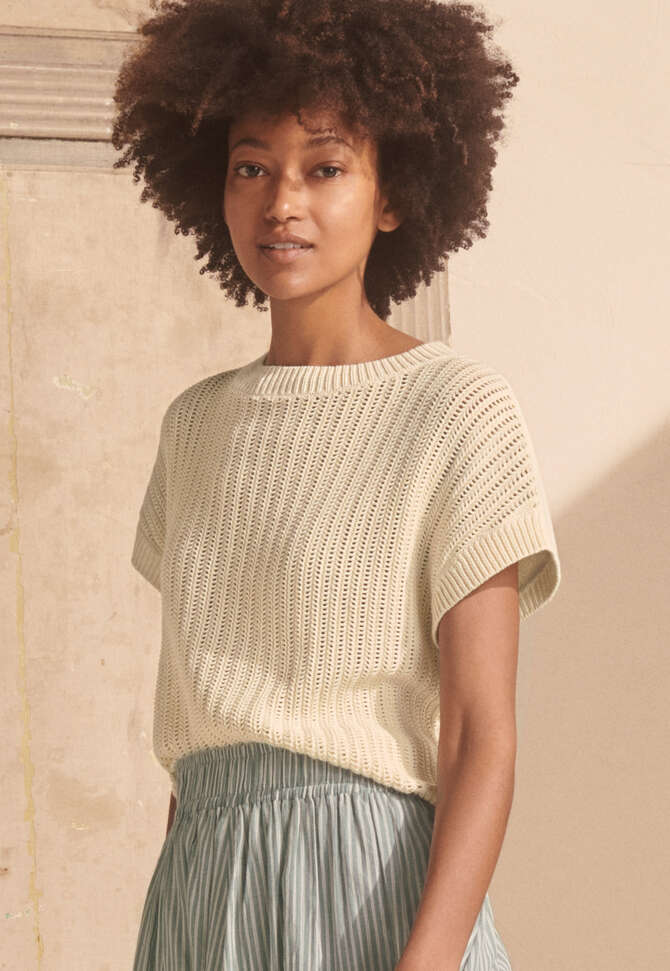 Crochet-stitch sweater, Ecru, completeTheLook
