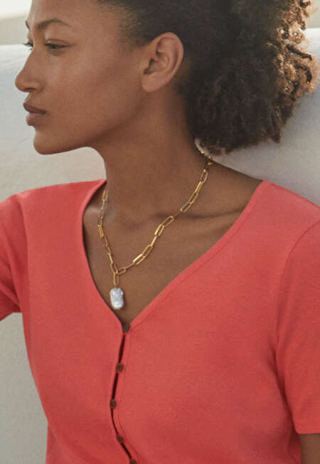 Button-through rib top, Bright coral, completeTheLook