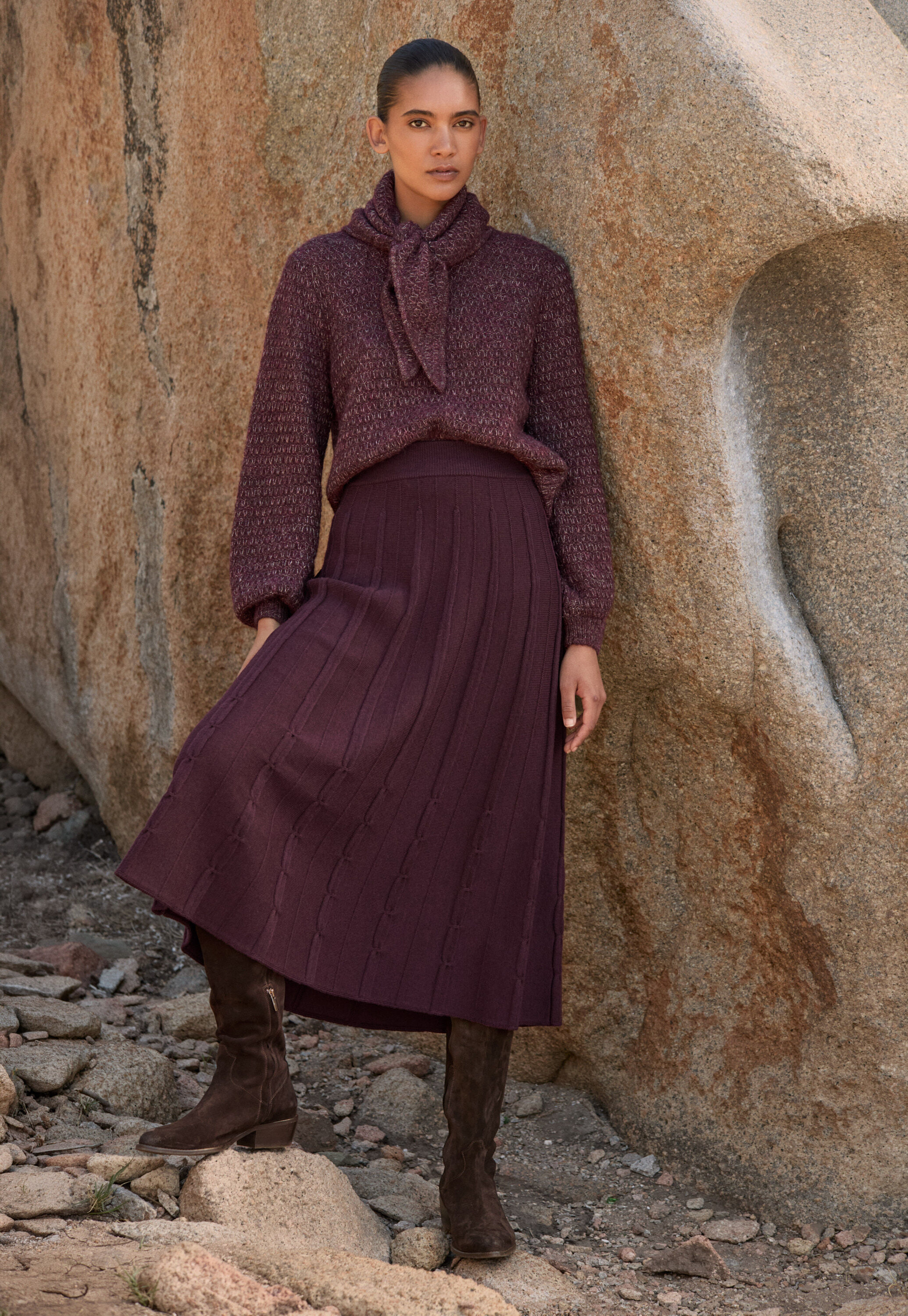 Tuck-stitch merino skirt, Aubergine, large
