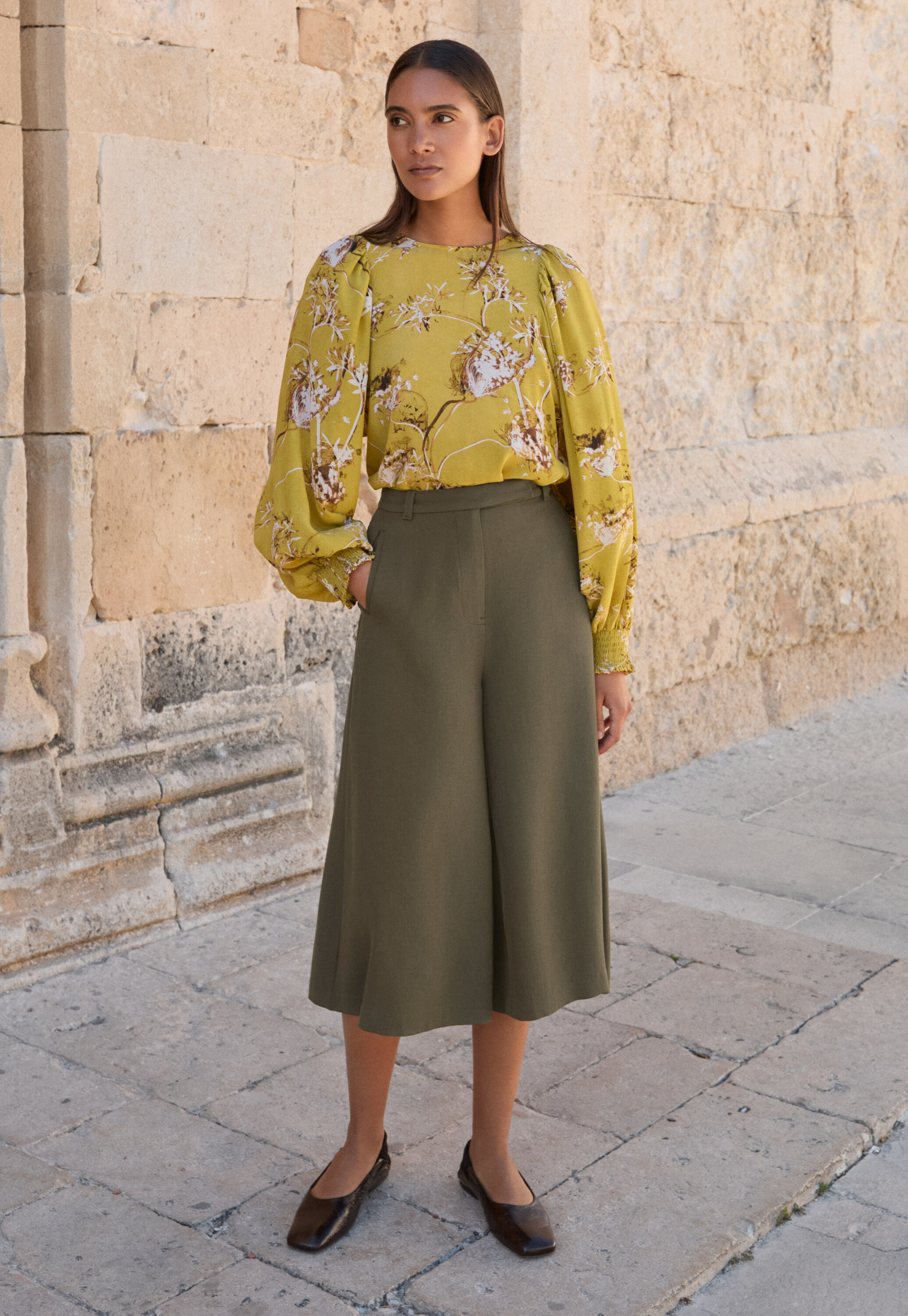 Printed gathered-sleeve blouse, Chartreuse, large
