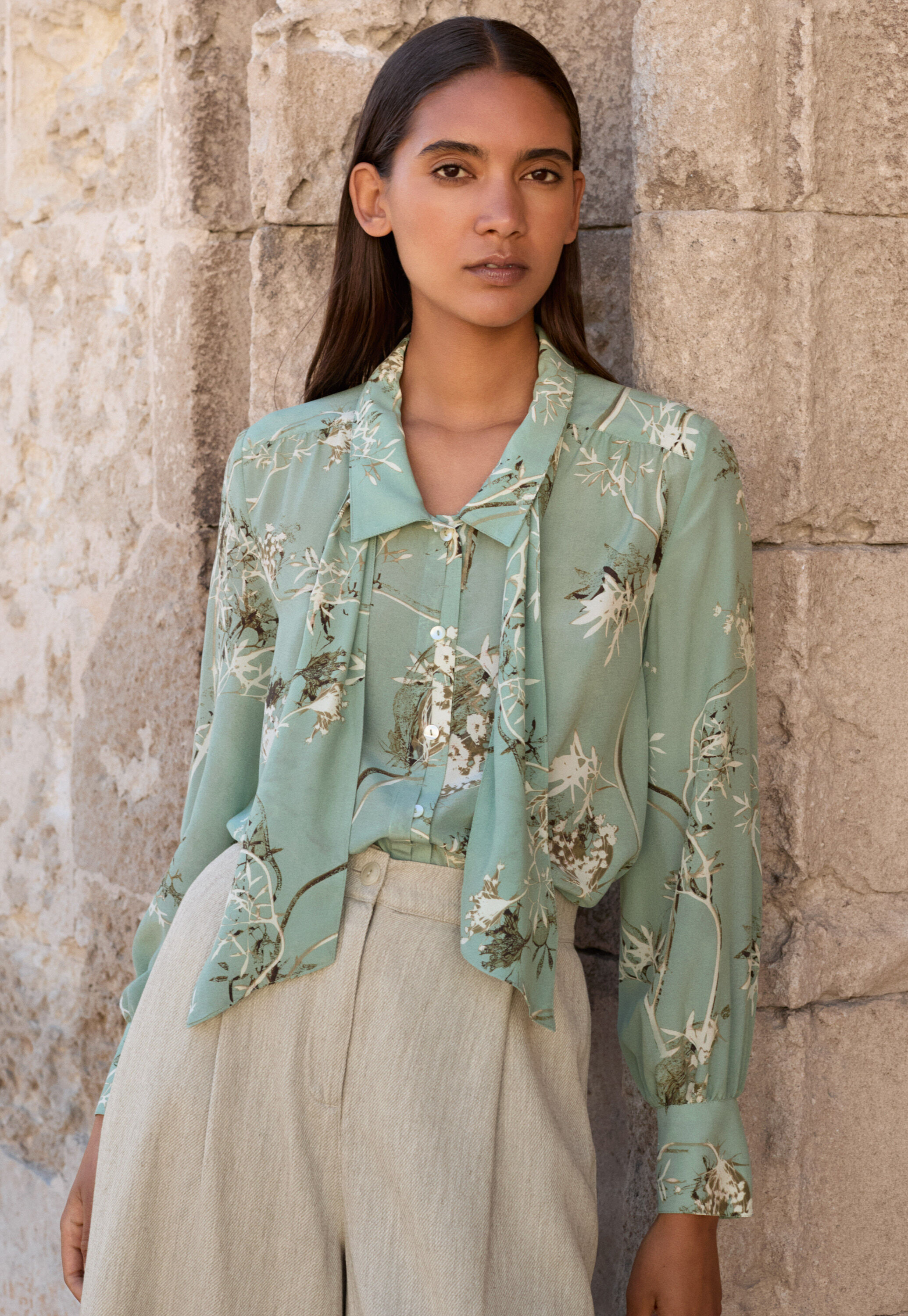 Printed tie-blouse, Aqua, large