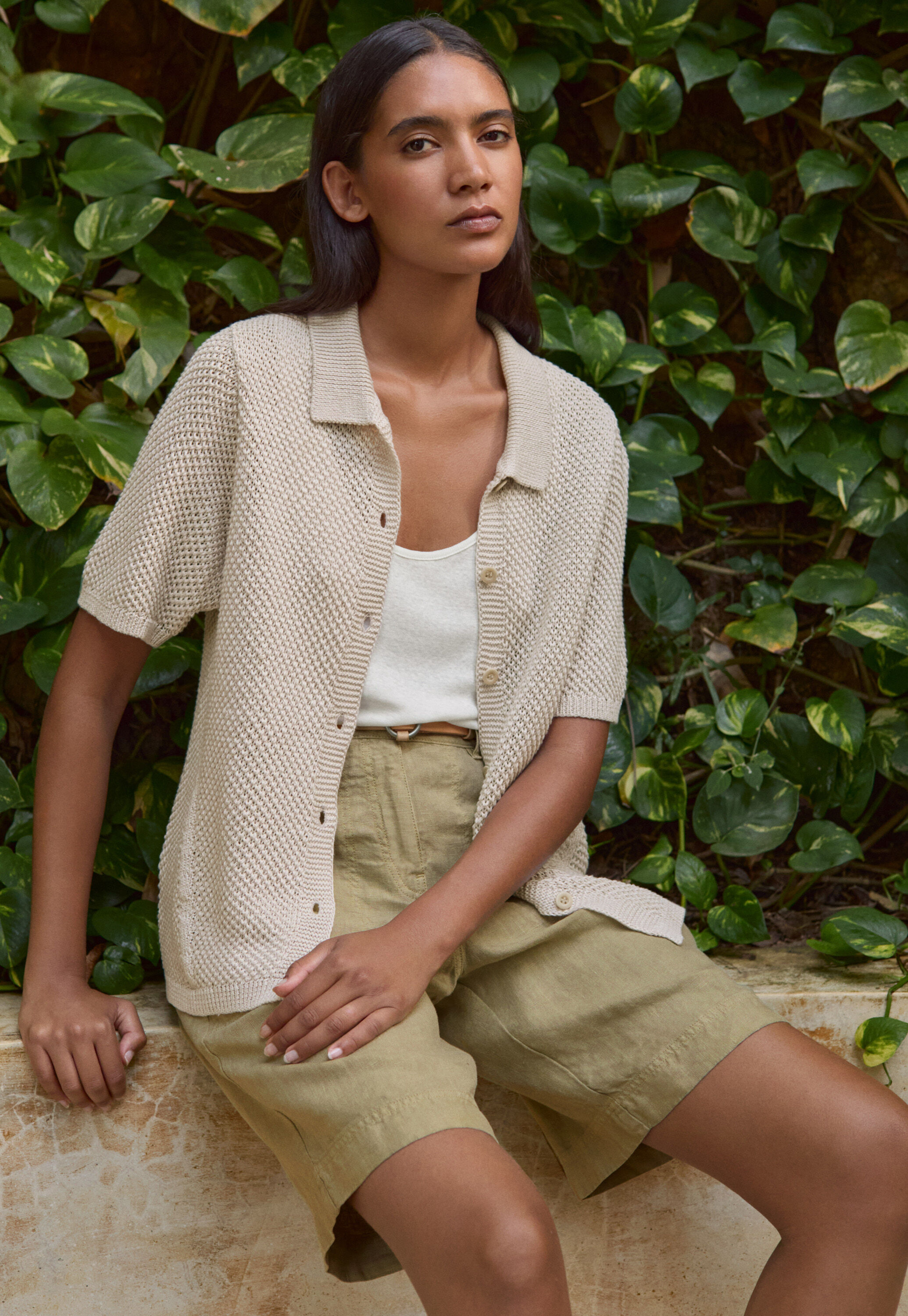 Moss-stitch collared cardigan
