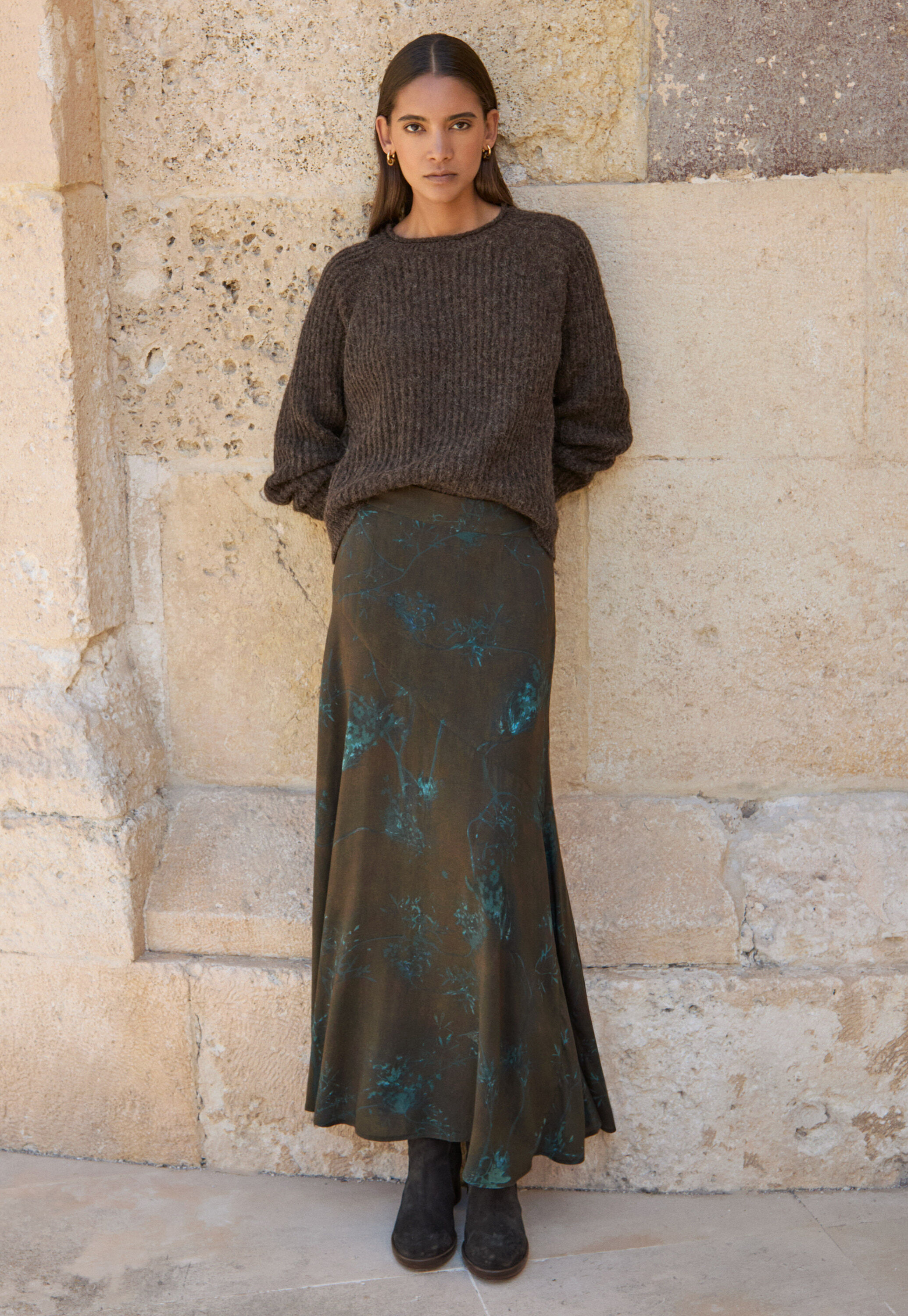 Printed long flared skirt