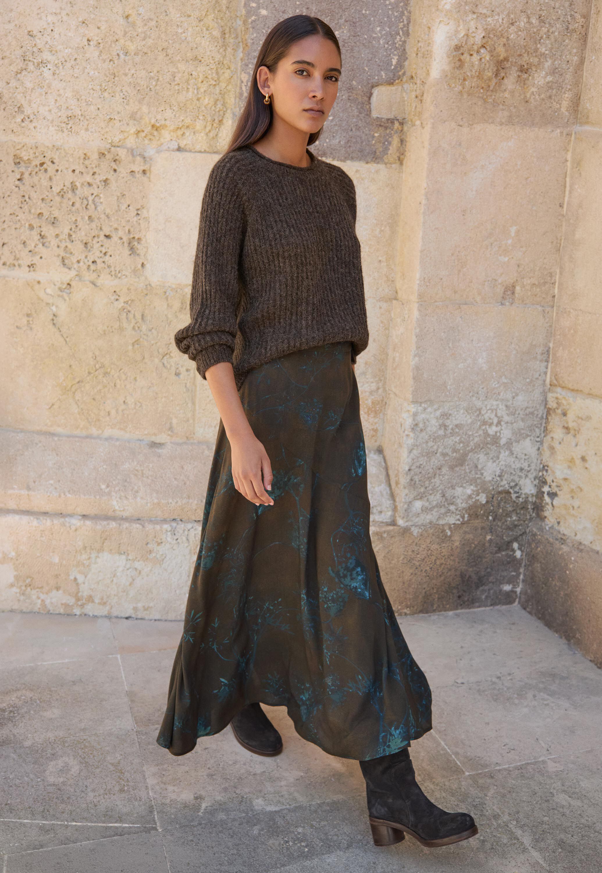Printed long flared skirt, Dark brown, large