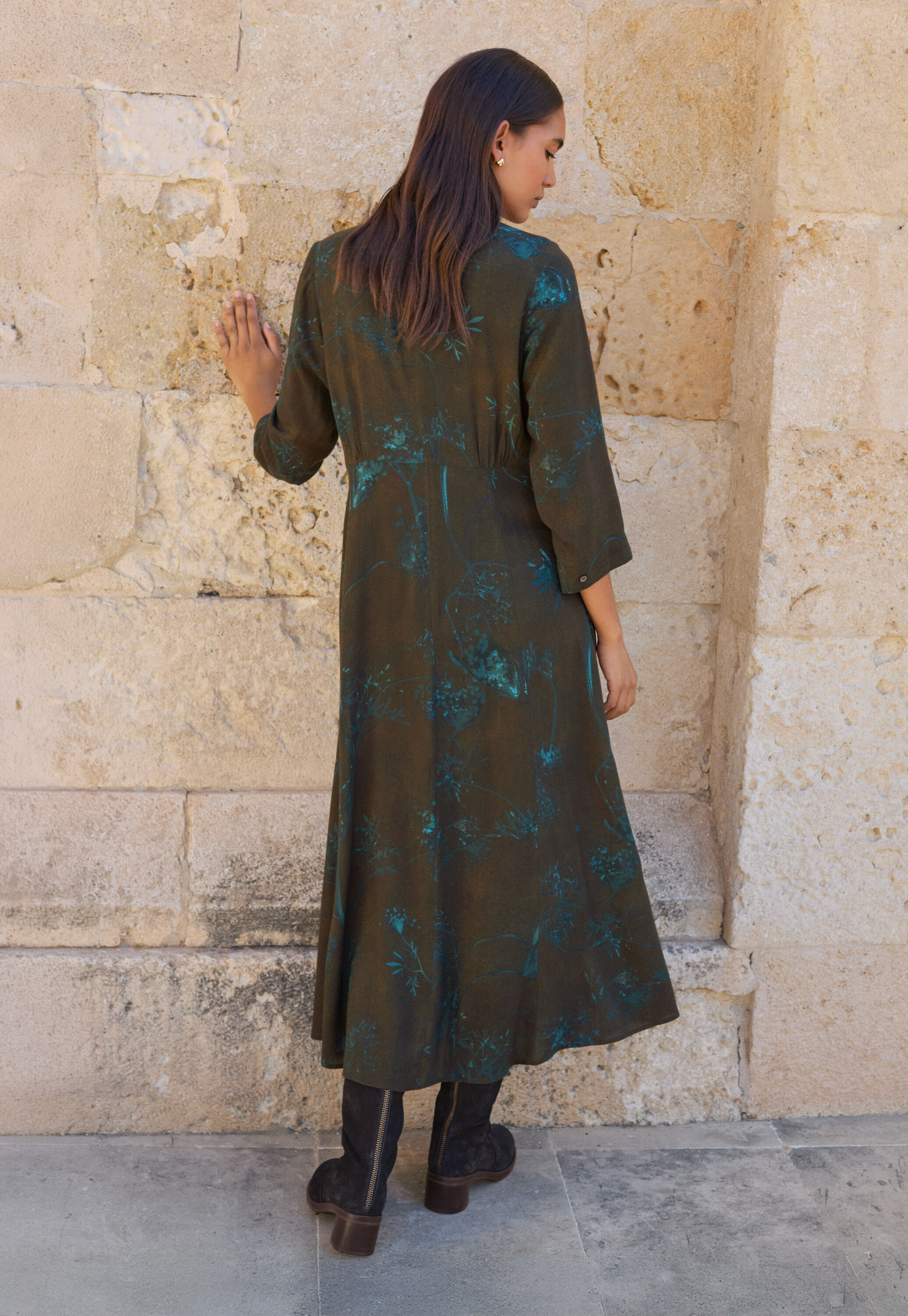 Long printed dress, Dark brown, large