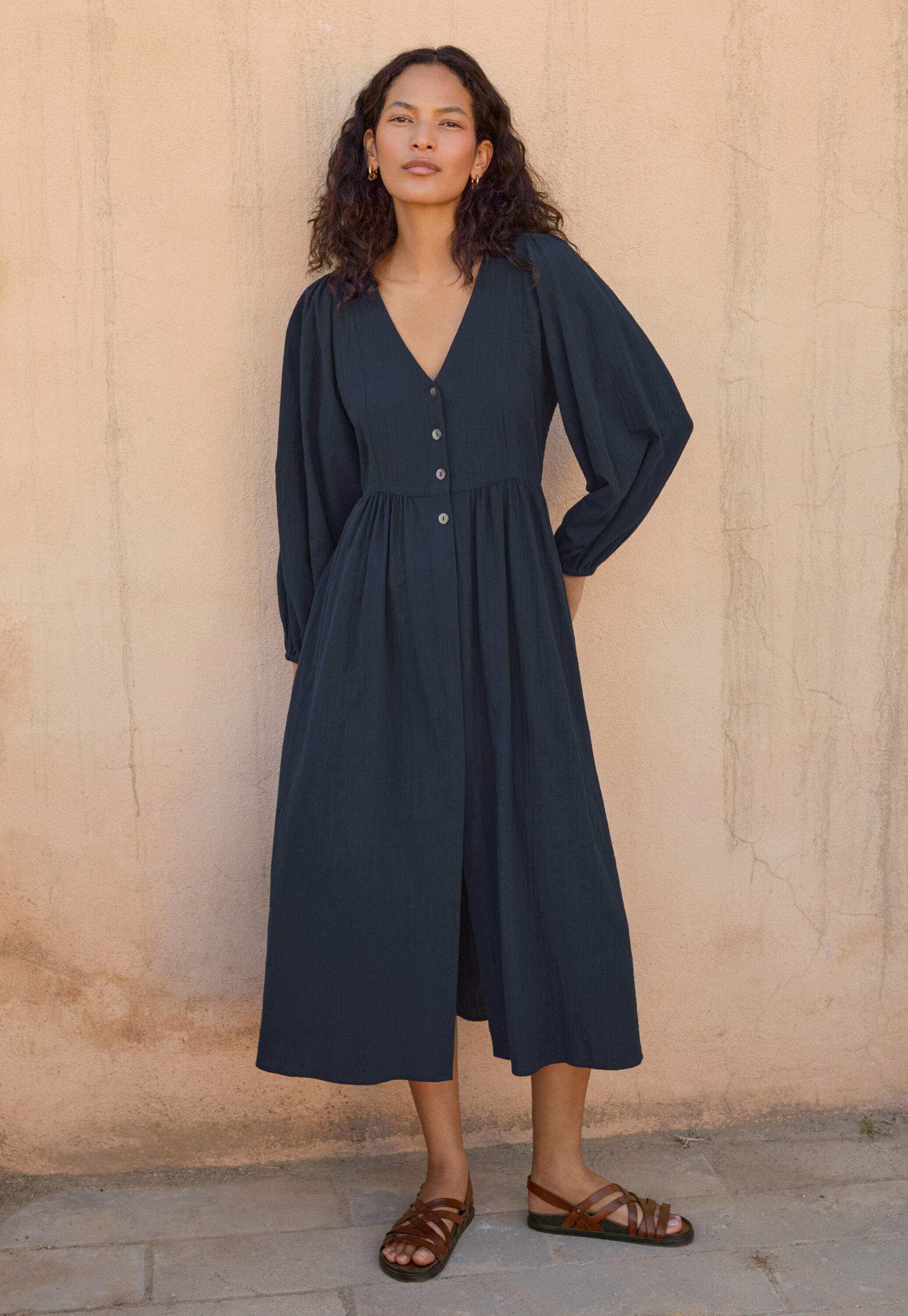 Gathered sleeve dress, Midnight, large