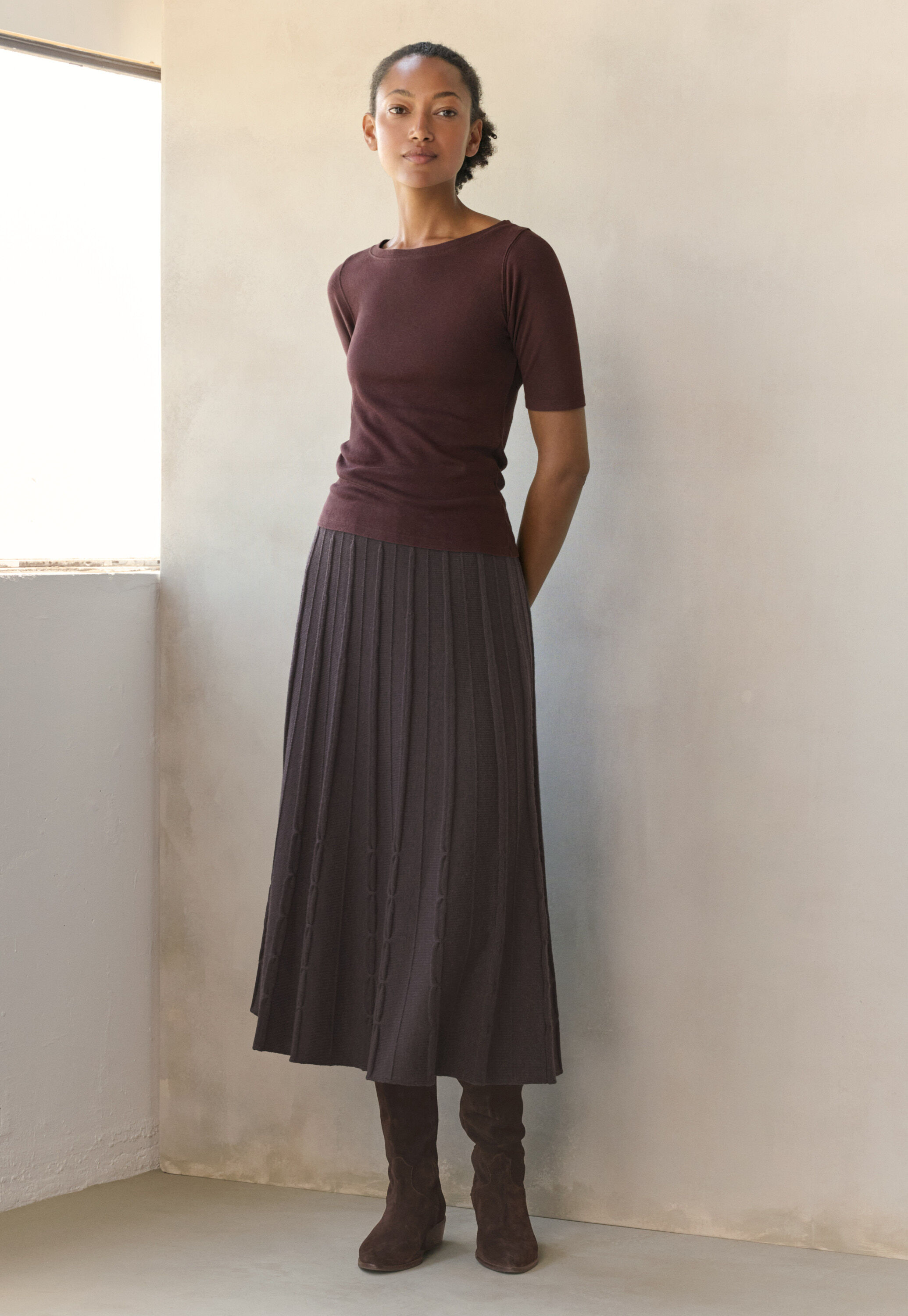 Tuck-stitch merino skirt, Cocoa, large
