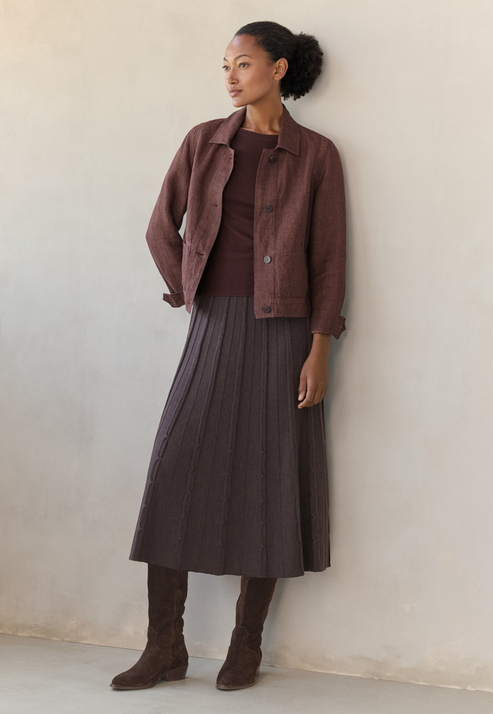 Tuck-stitch merino skirt, Cocoa, large
