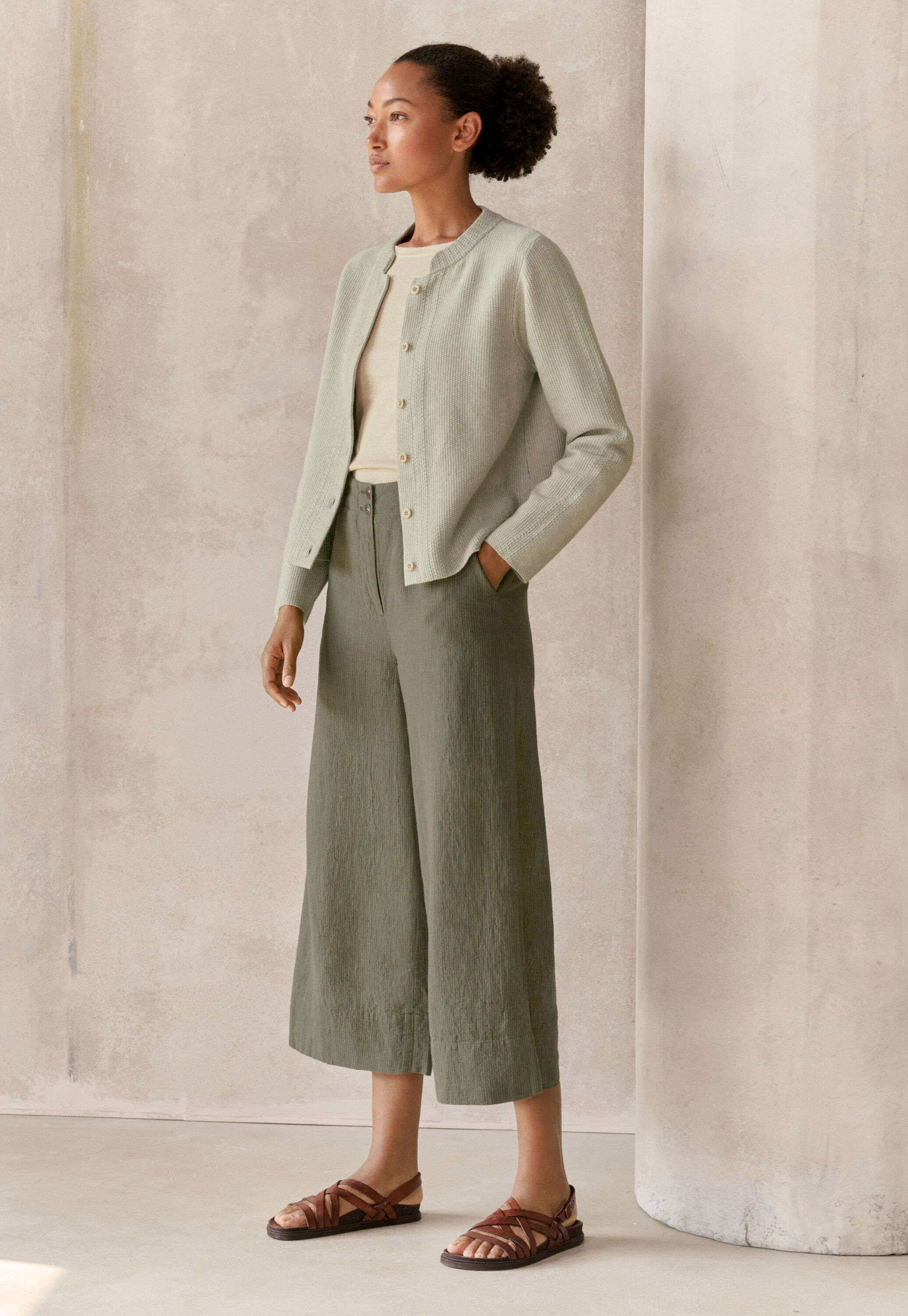 Inlay-stitch cardigan, Sage pebble, large