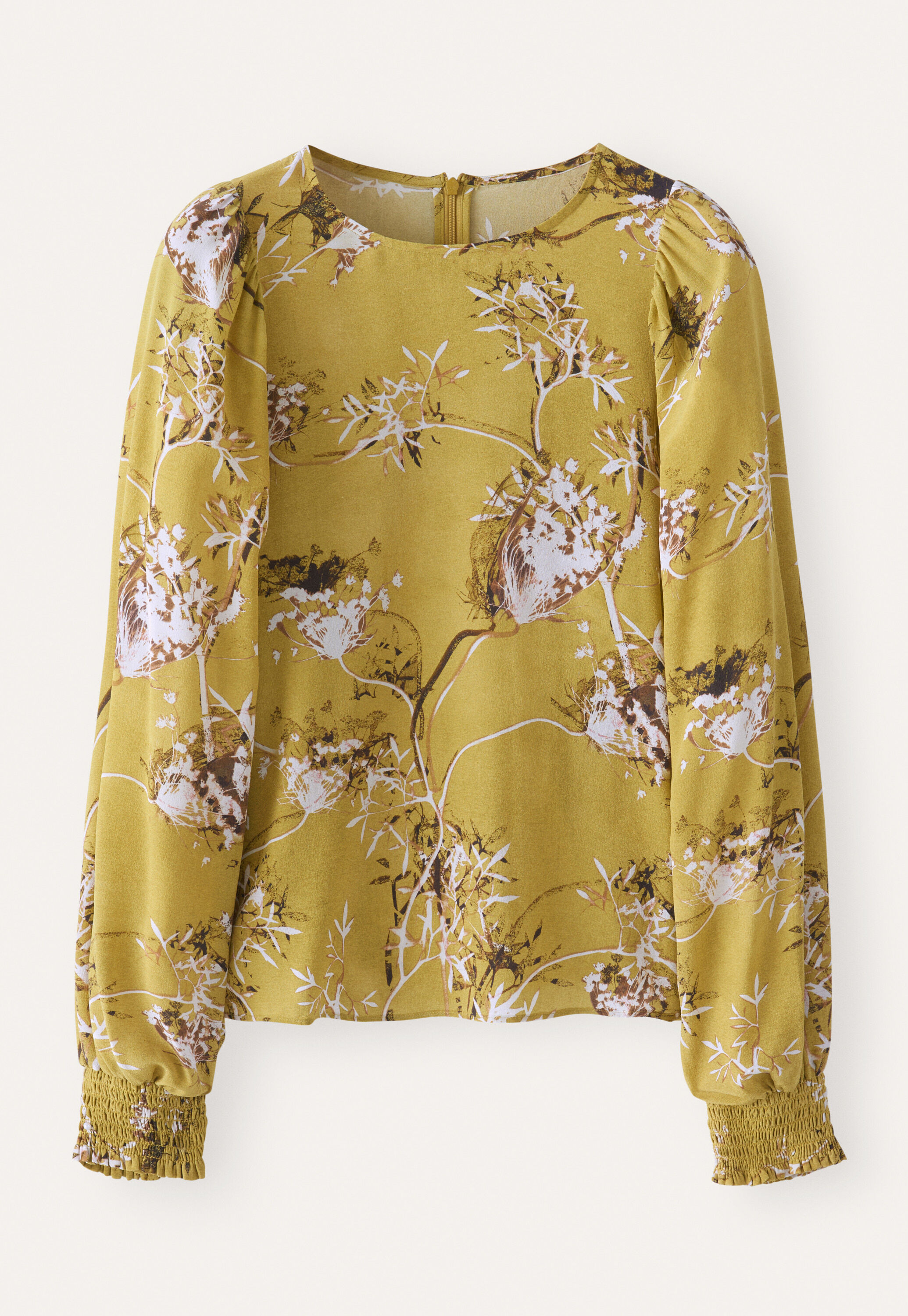 Printed gathered-sleeve blouse, Chartreuse, large