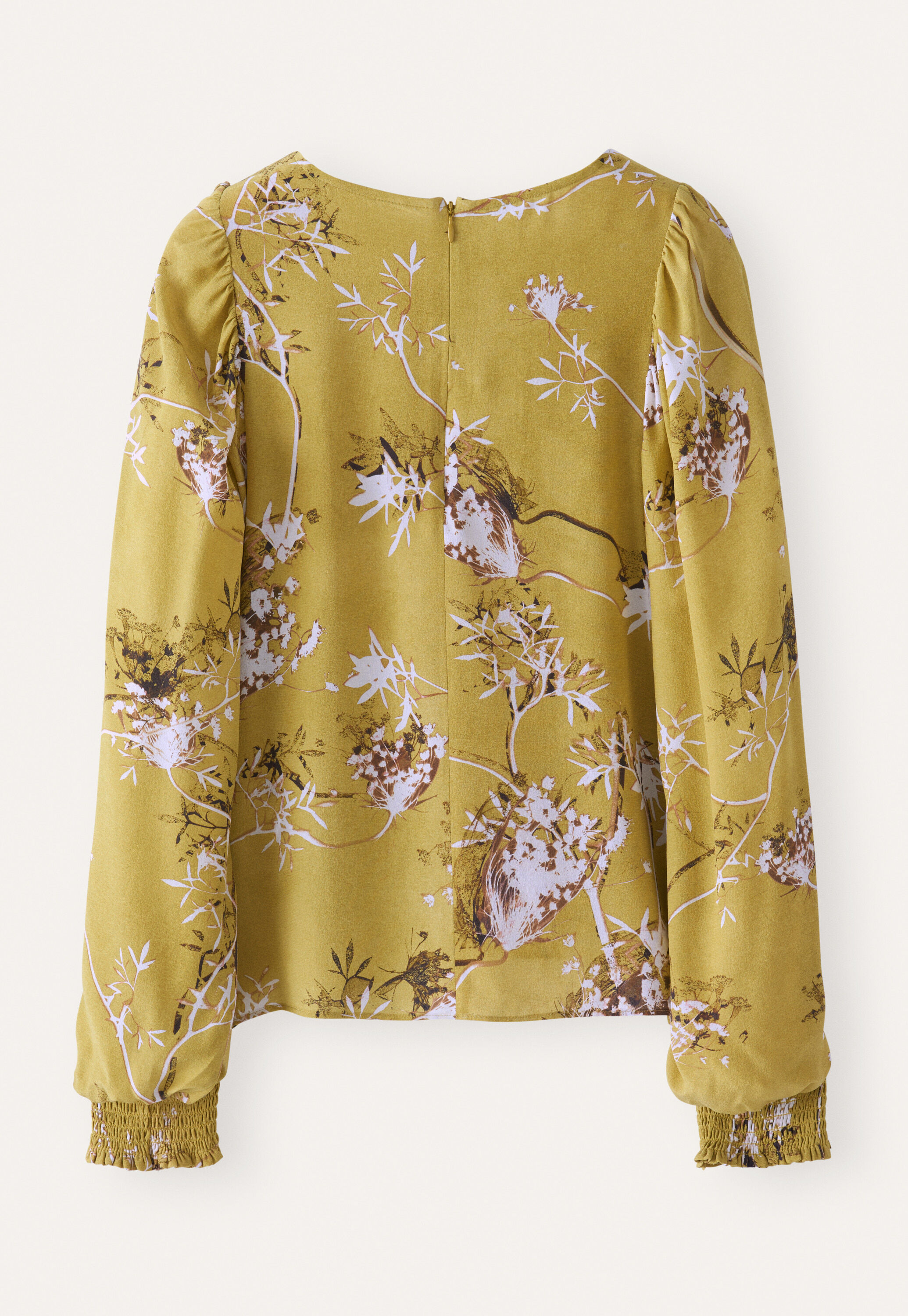 Printed gathered-sleeve blouse, Chartreuse, large