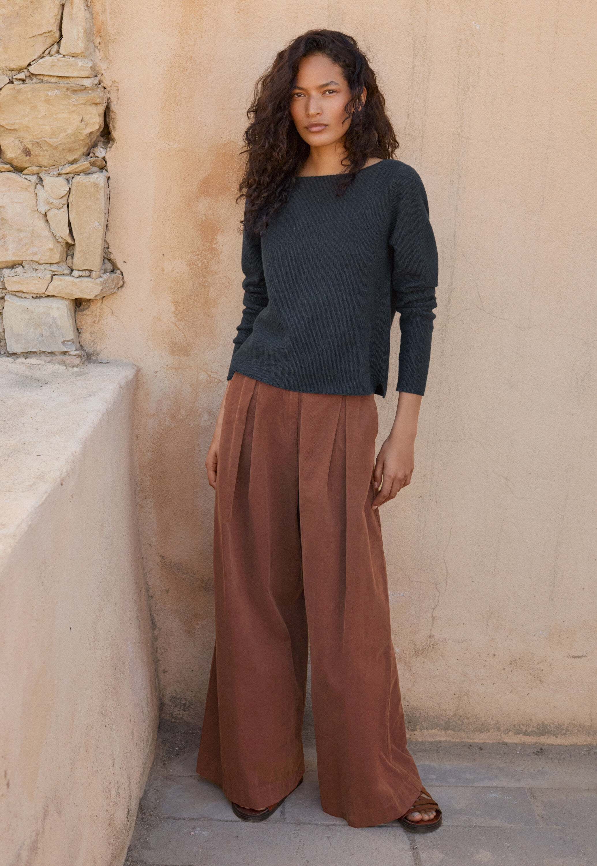 Fine cord wide-leg trousers