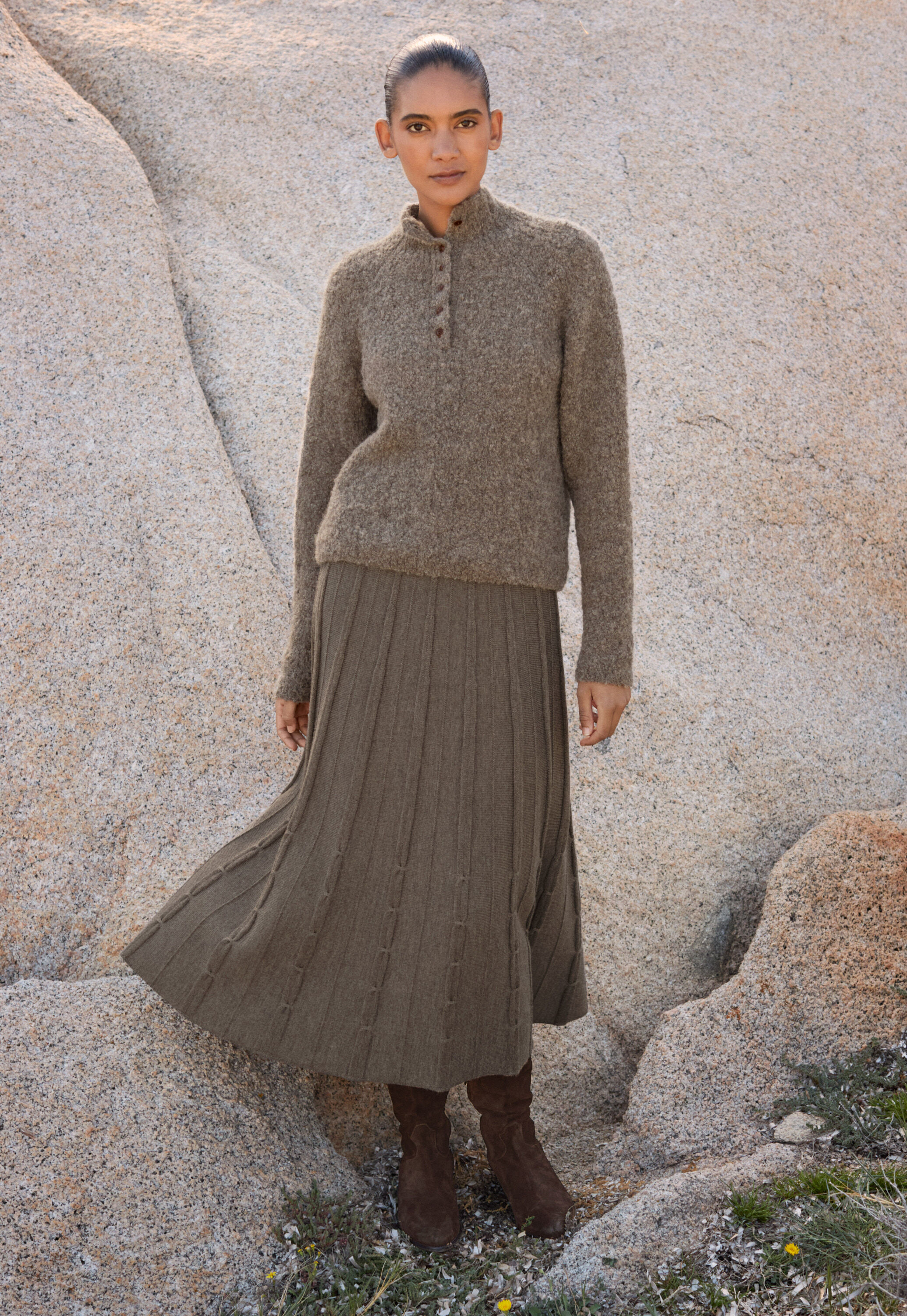 Tuck-stitch merino skirt, Taupe, large