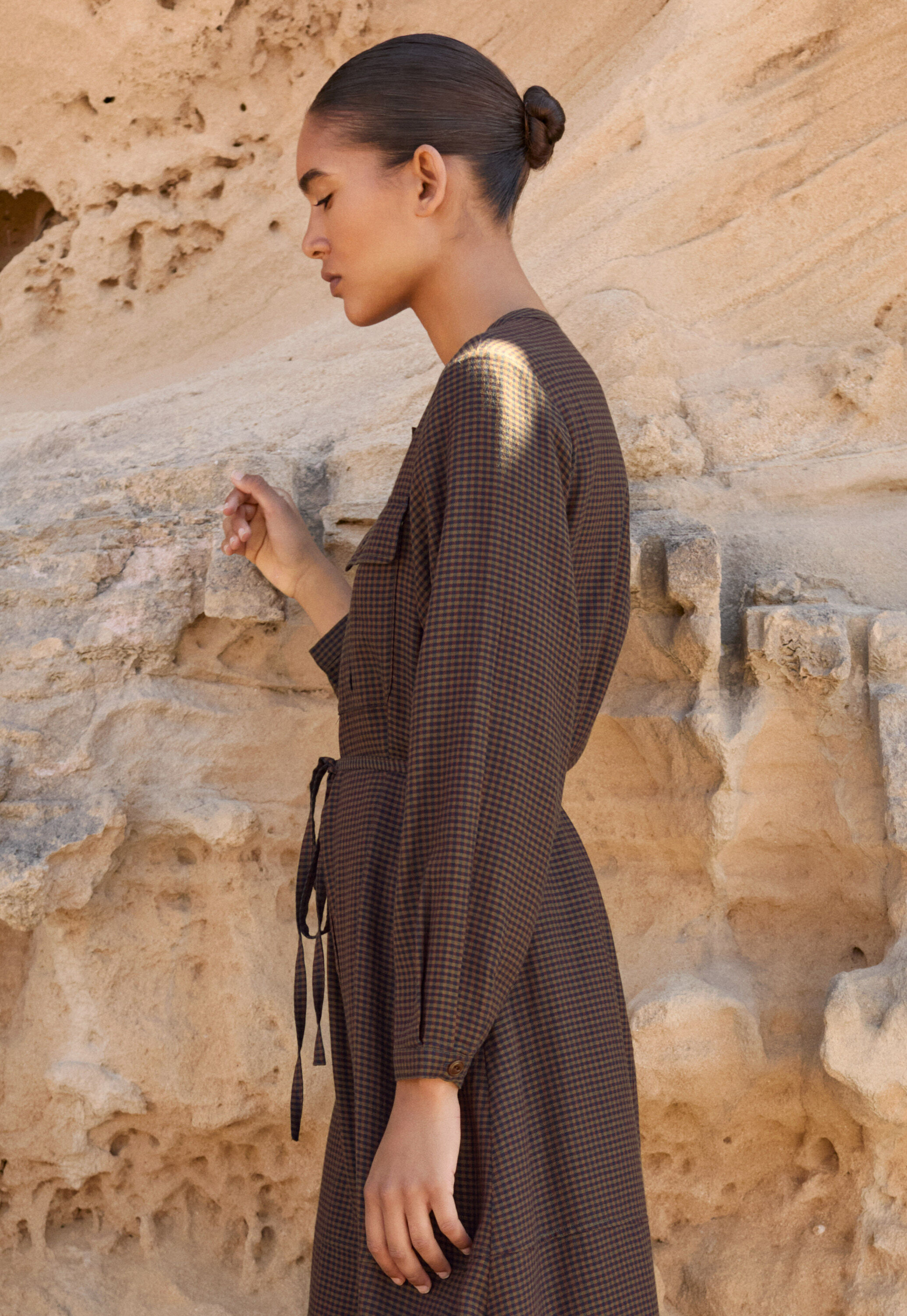 Long check dress, Midnight coral, large