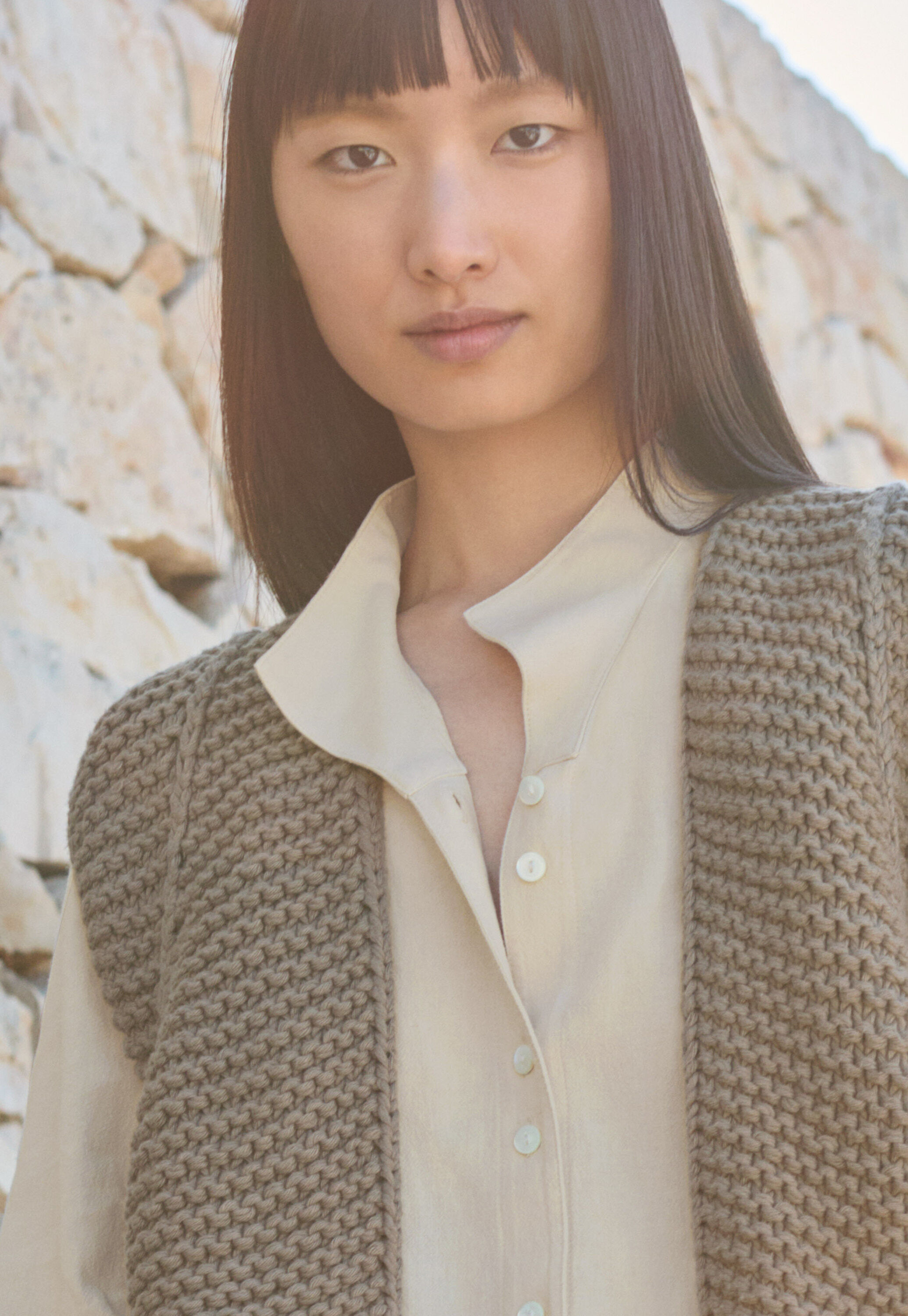 Funnel-neck blouse, Pale natural, large