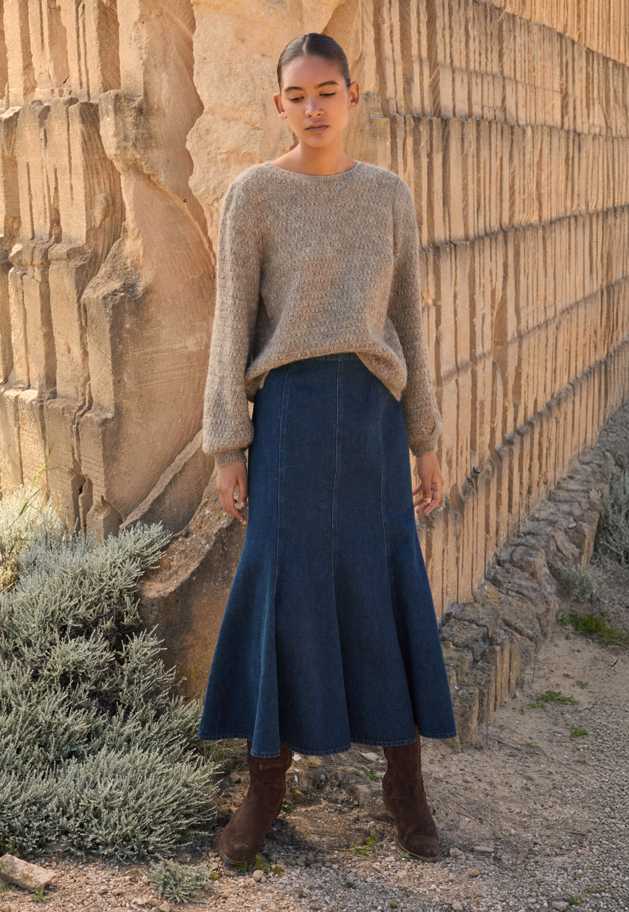 Panelled skirt, Dark denim, large