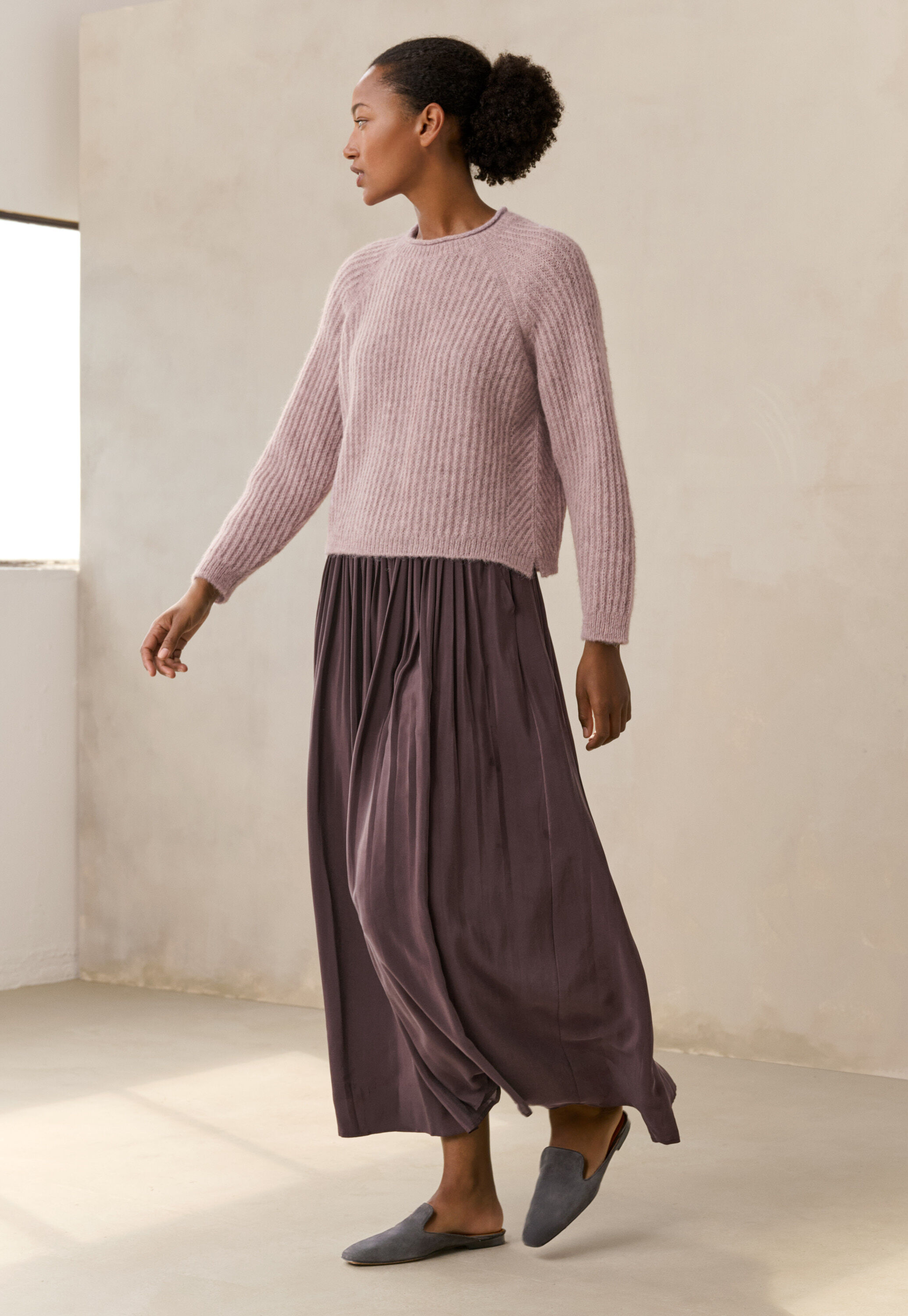 Round-neck ribbed sweater, Lilac grey, large