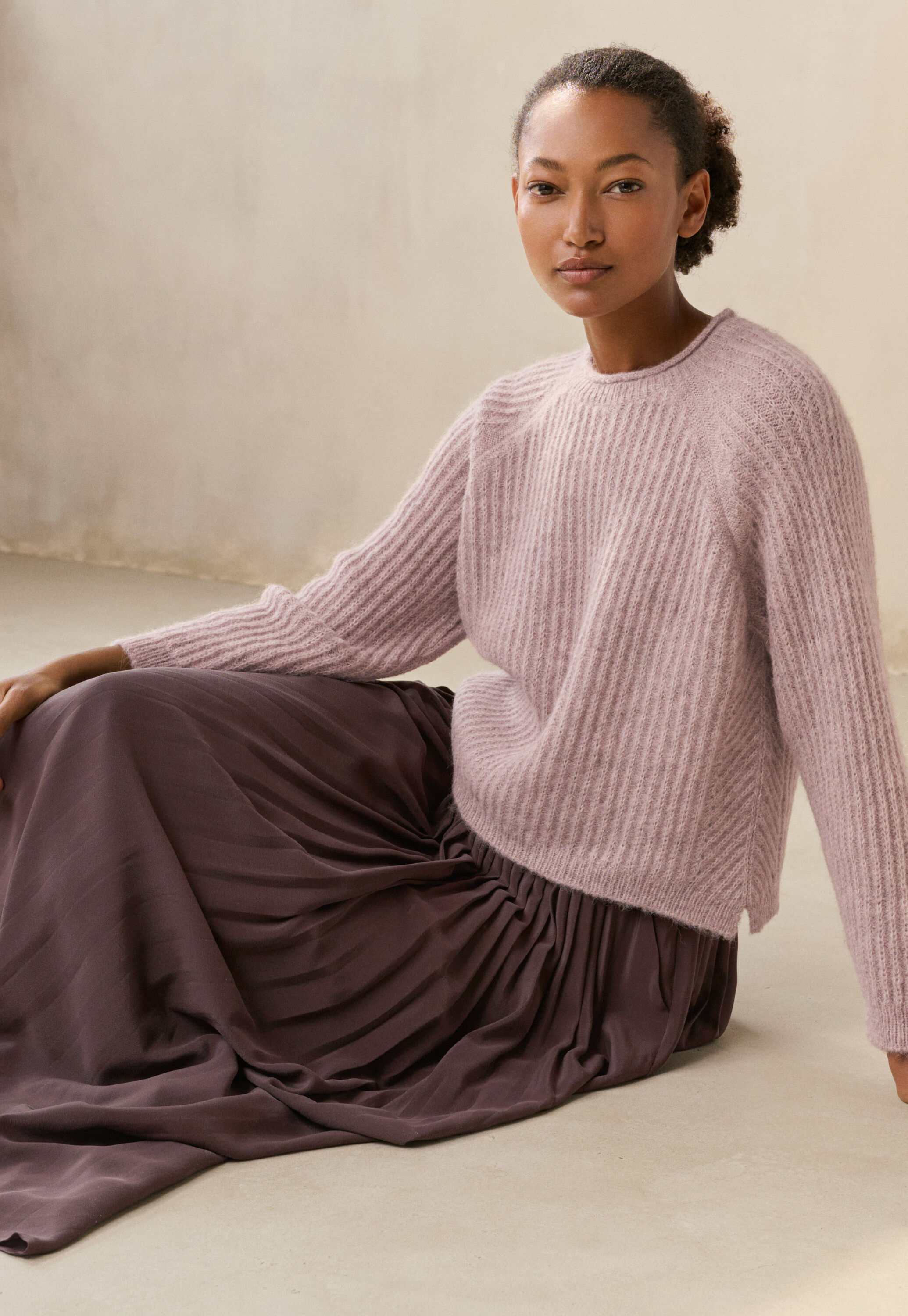 Round-neck ribbed sweater, Lilac grey, large