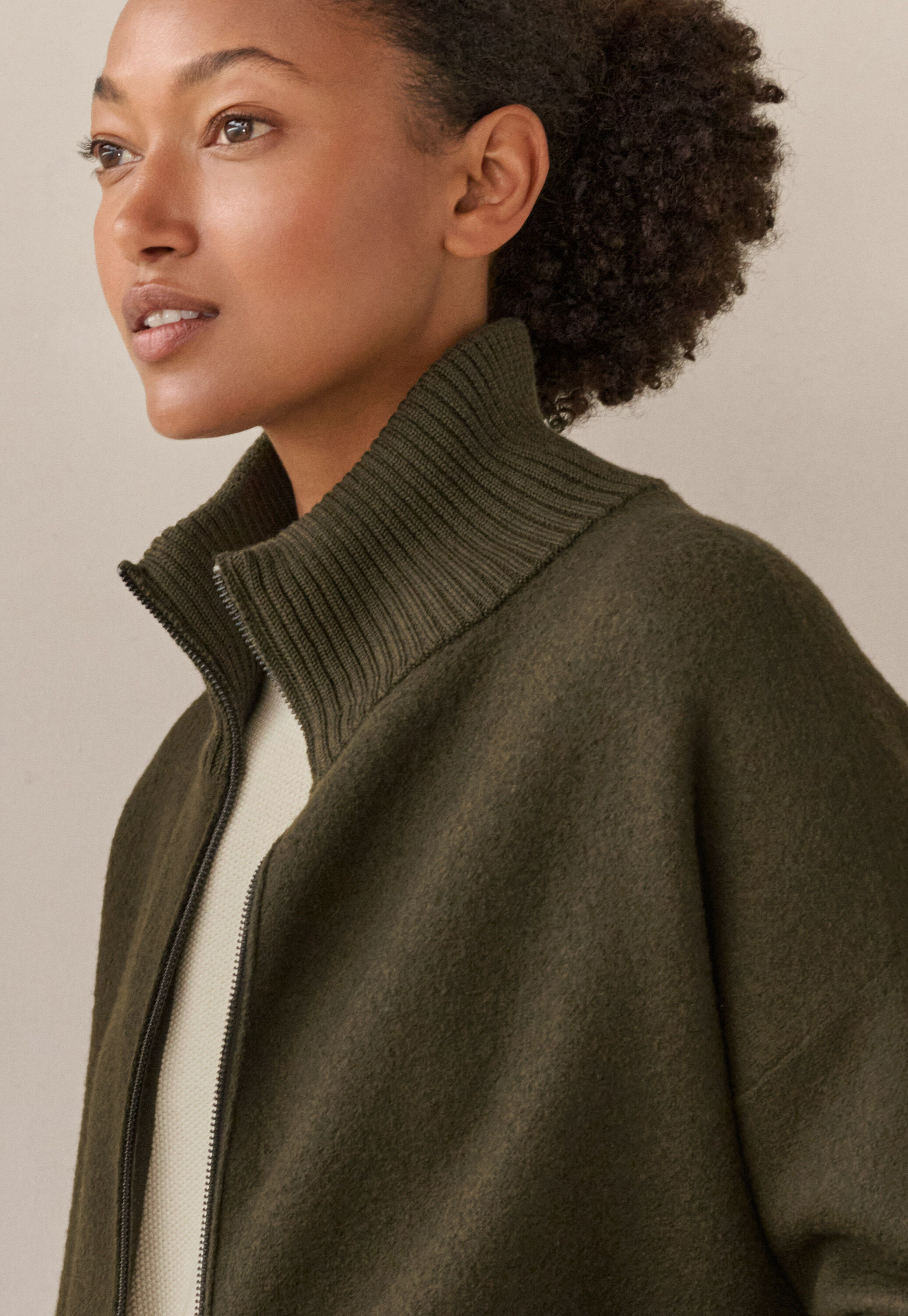 Zip-front knitted jacket, Khaki green, large