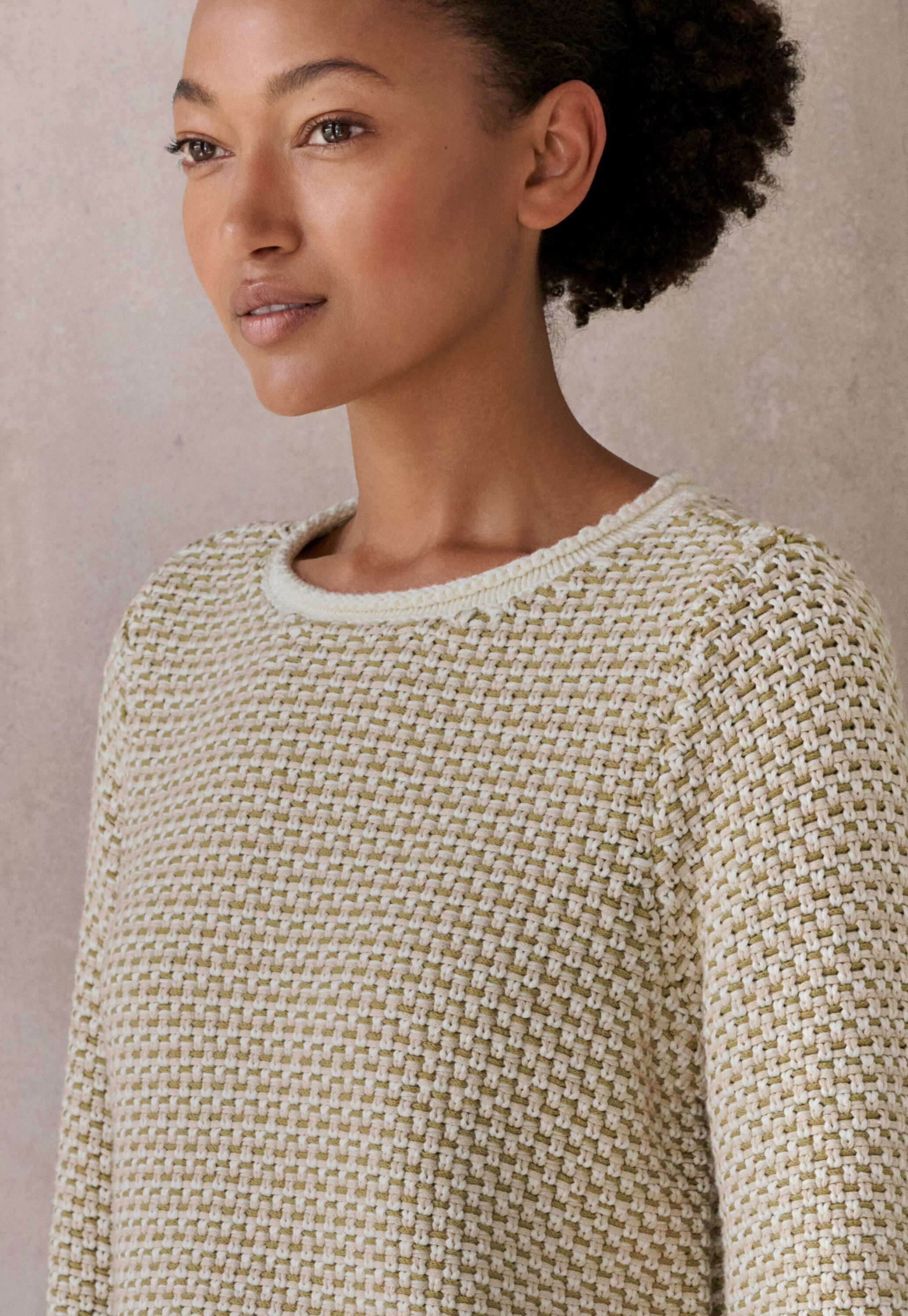 Inlay-stitch boxy sweater, Cream sage, large