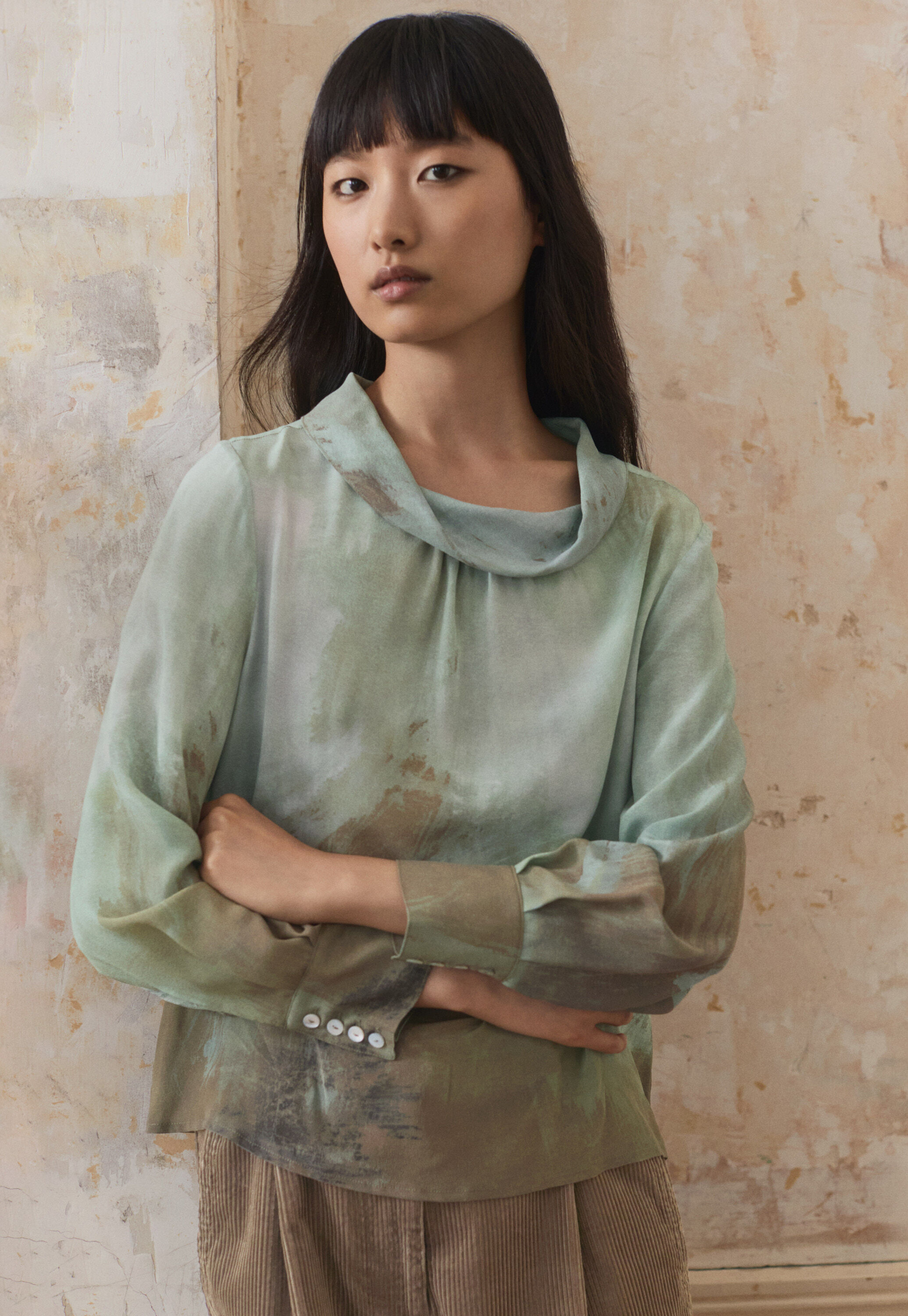 Printed cowl-neck top