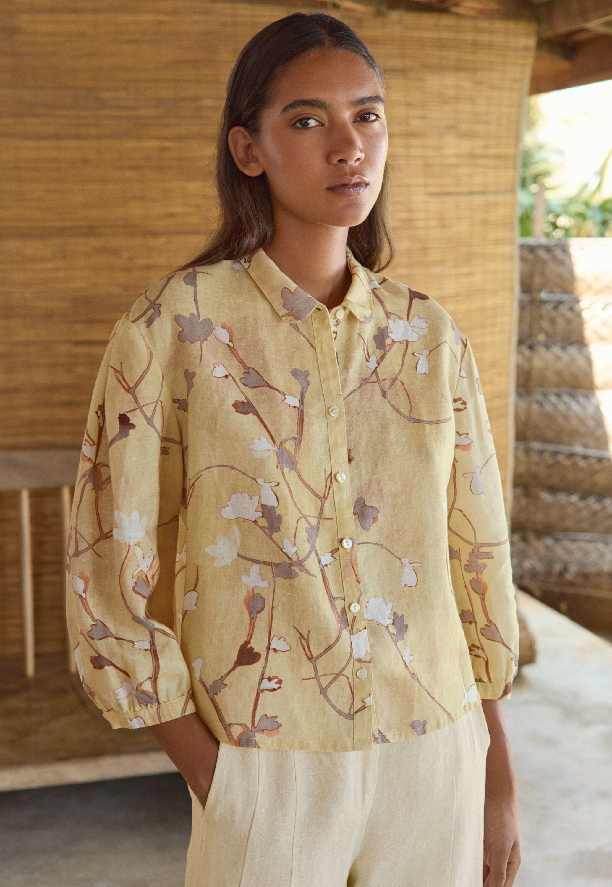 Printed pleat-sleeve shirt