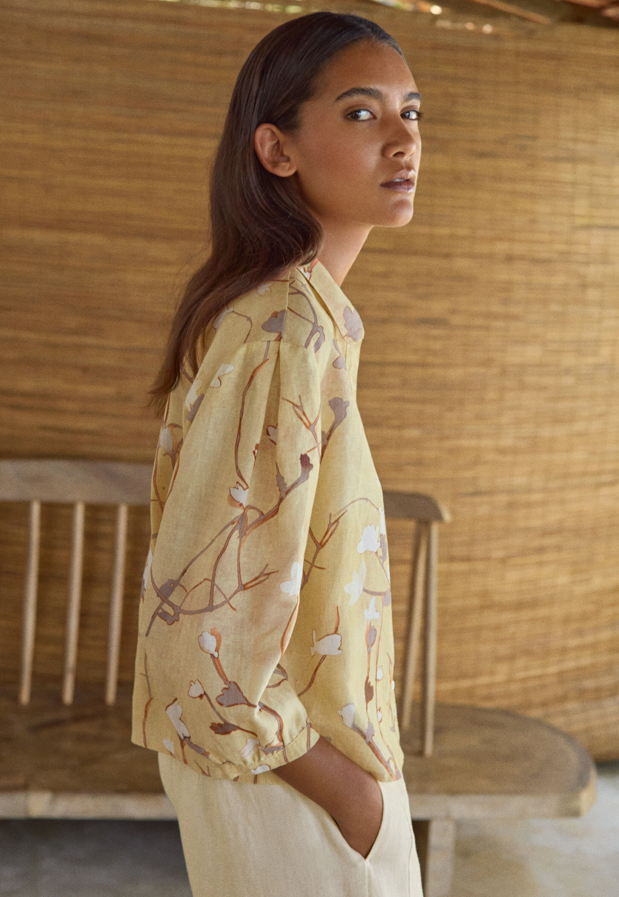 Printed pleat-sleeve shirt