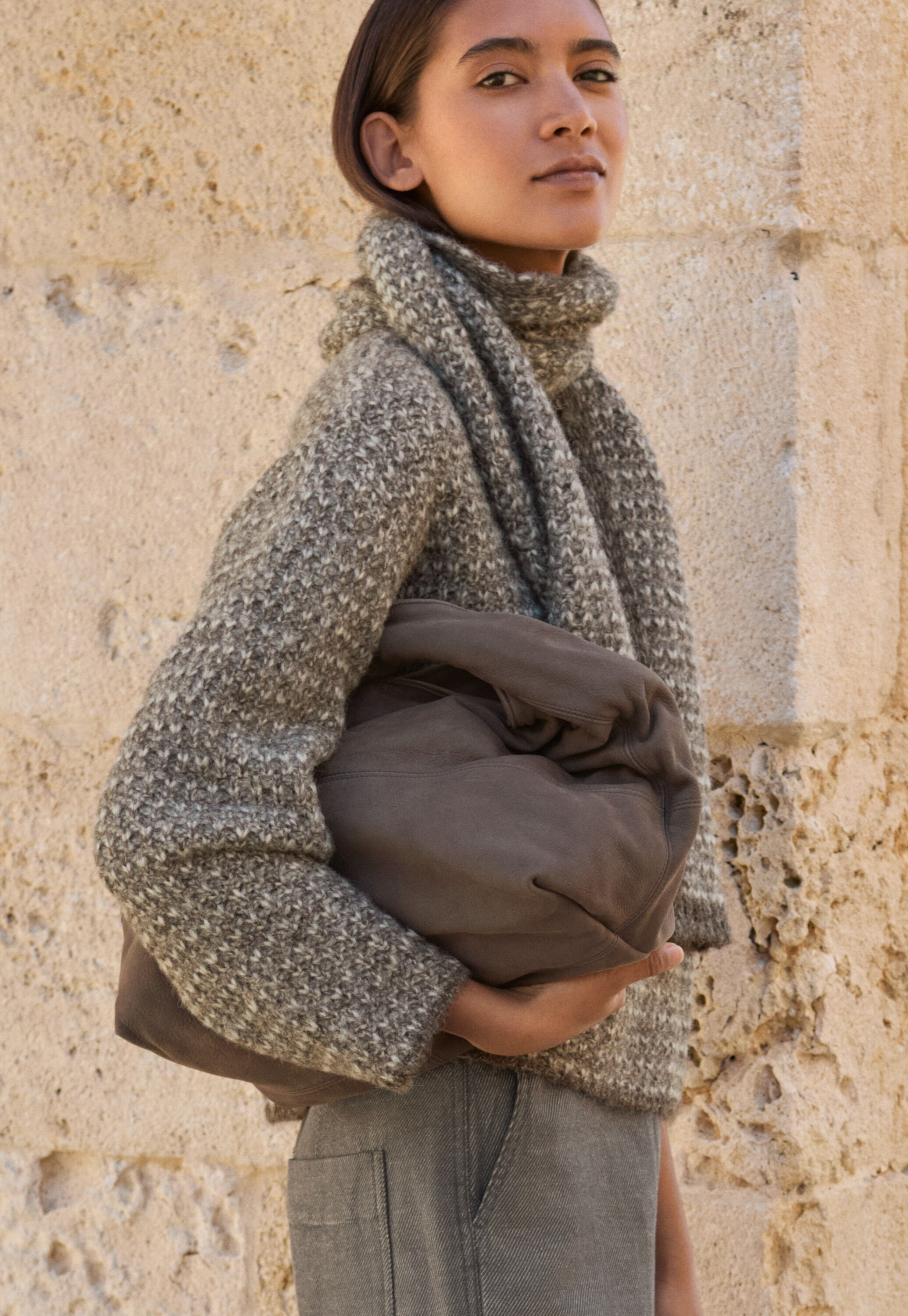 Stitch-detail sweater, Grey brown, large