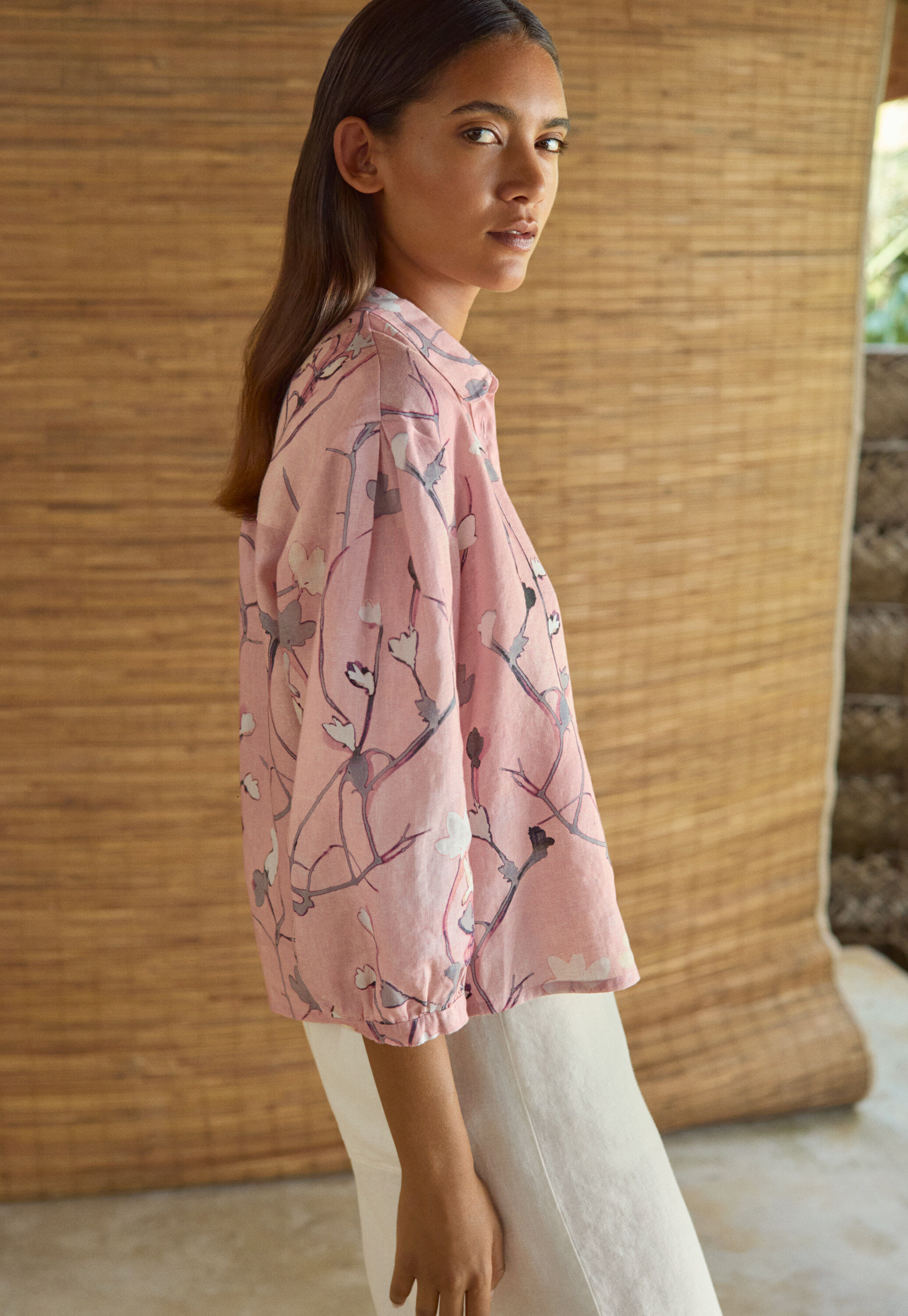 Printed pleat-sleeve shirt