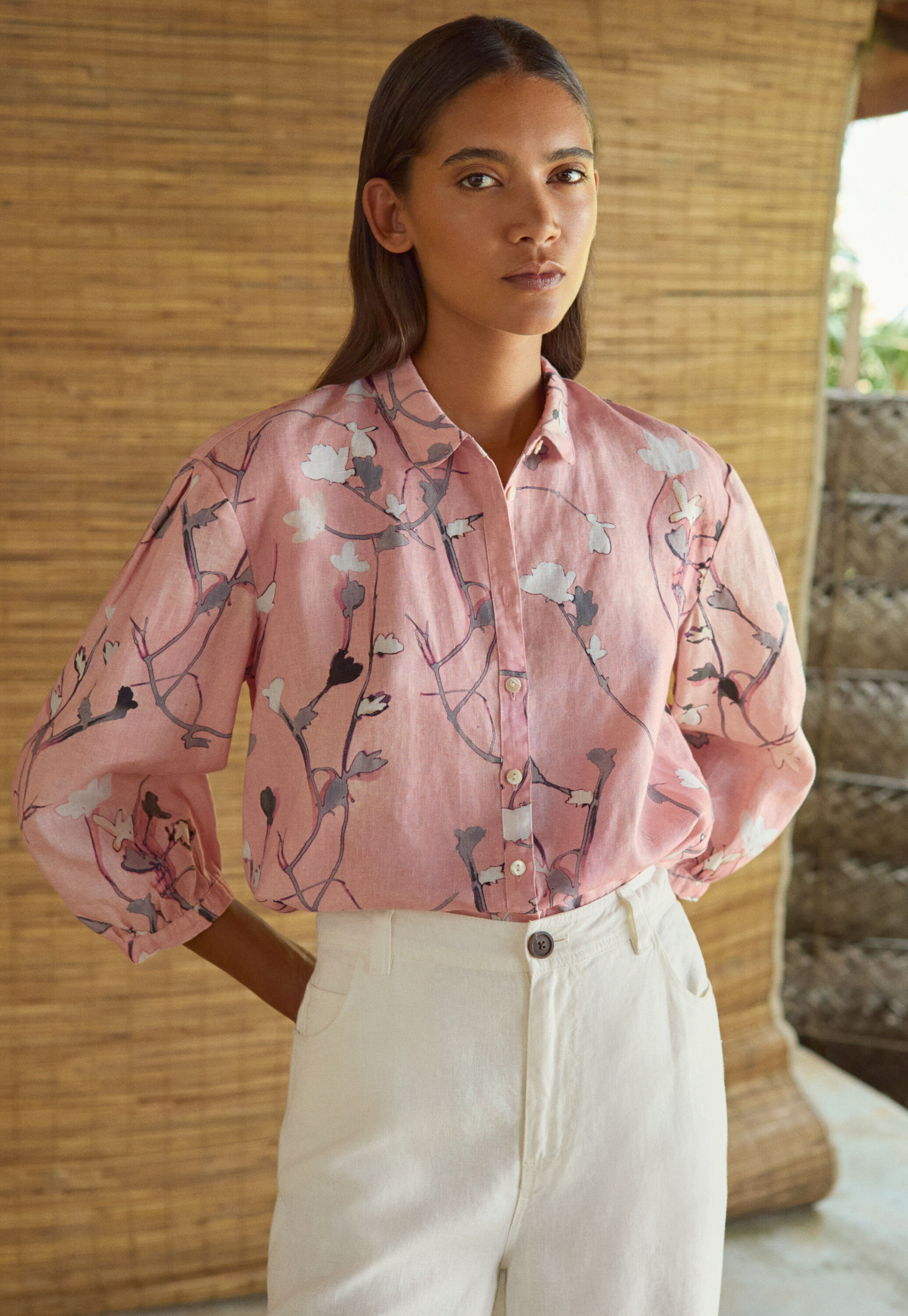 Printed pleat-sleeve shirt