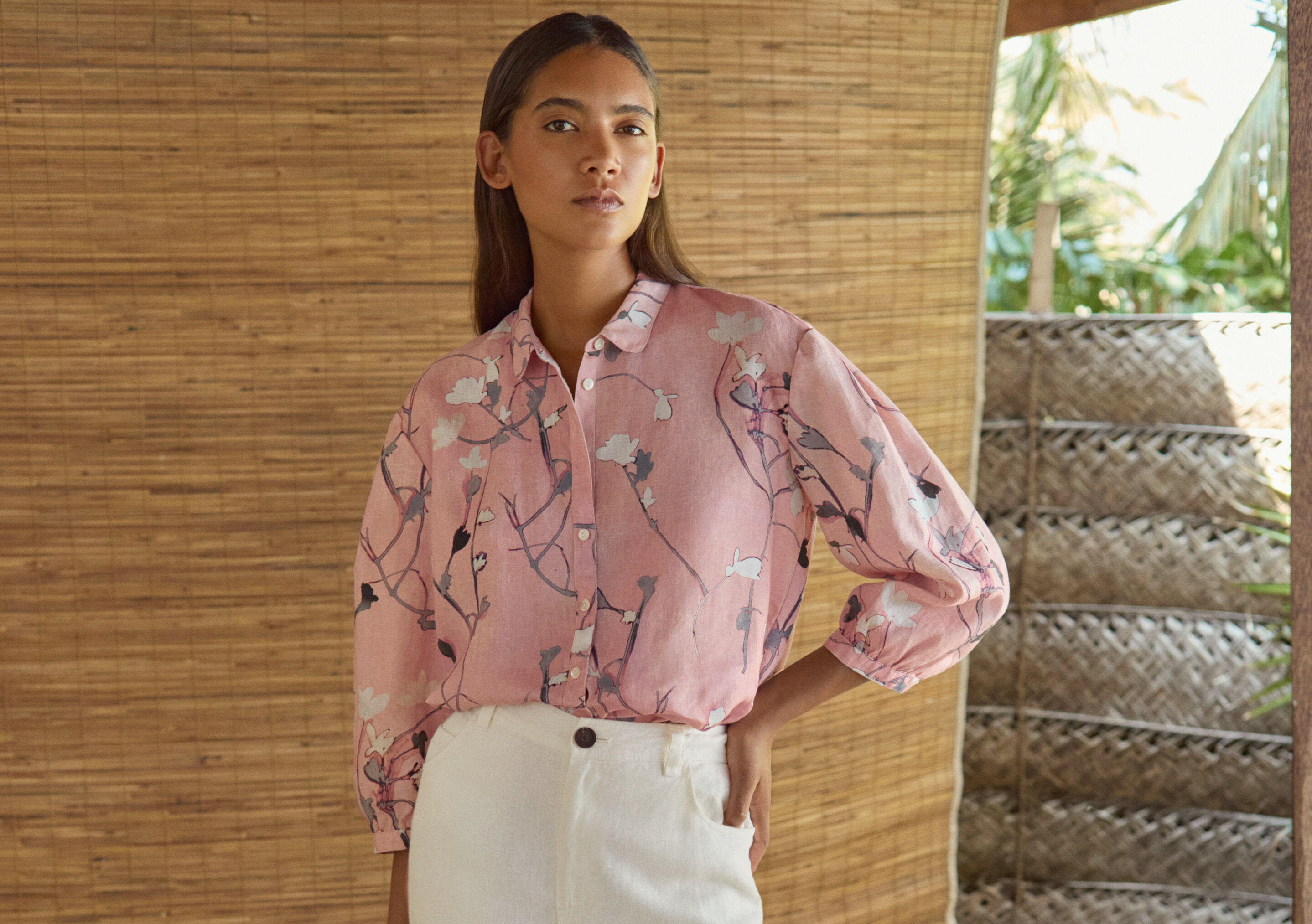 Printed pleat-sleeve shirt