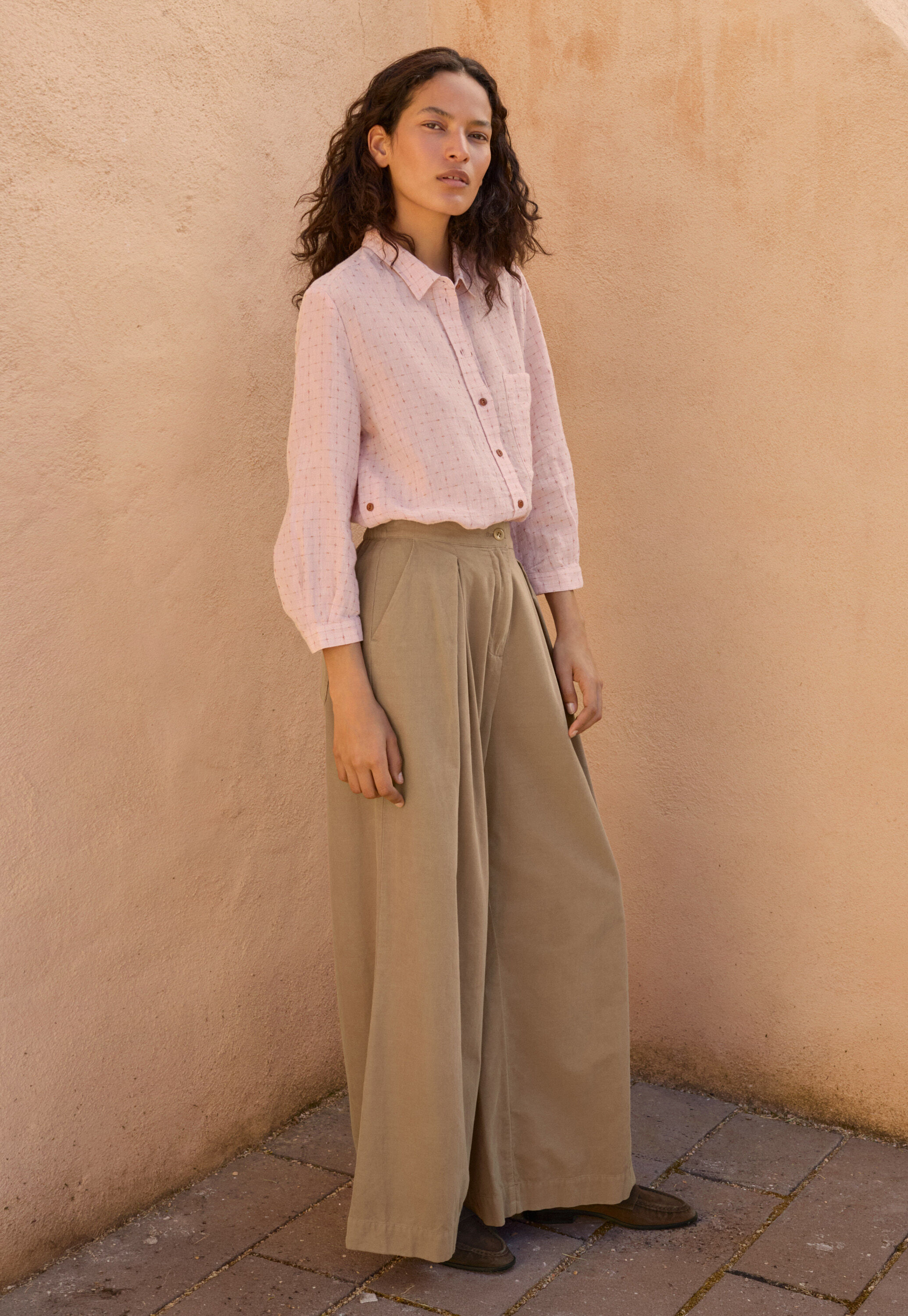 Fine cord wide-leg trousers, Soft brown, large