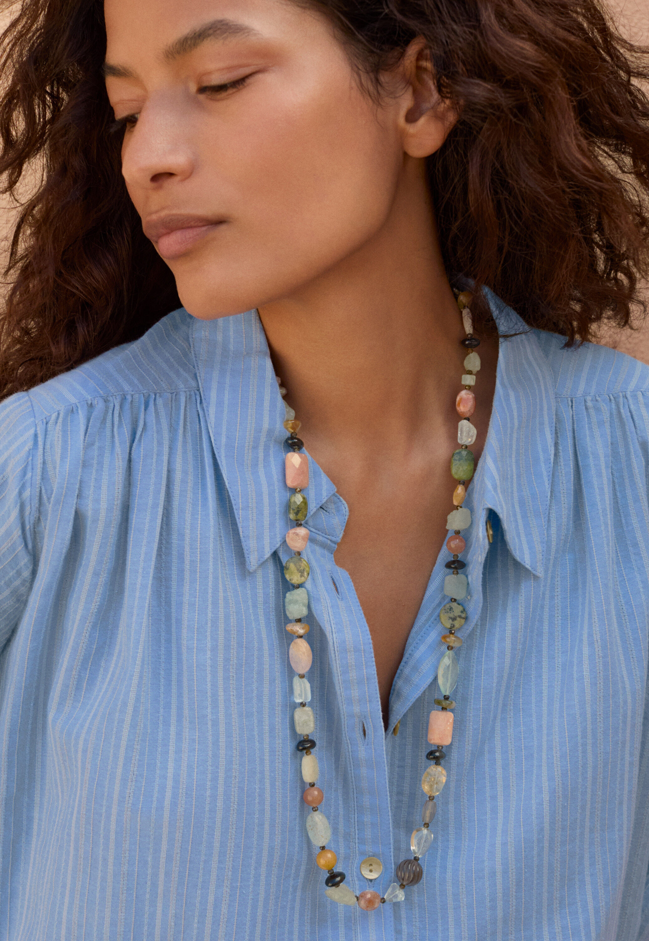 Striped blouse with gathers, Cornflower, large